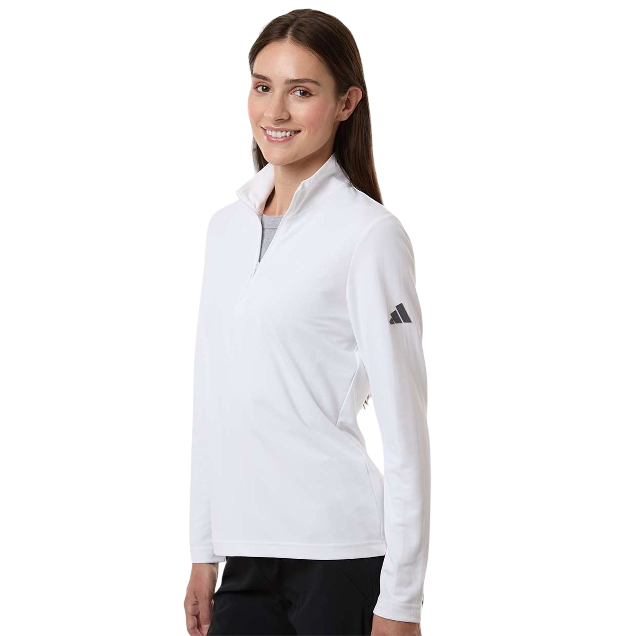 White Adidas Women’s Lightweight Quarter-Zip Pullover made from recycled polyester with a self-mock collar, long sleeves, quarter-zip front, and athletic performance fit for layering or active wear.
