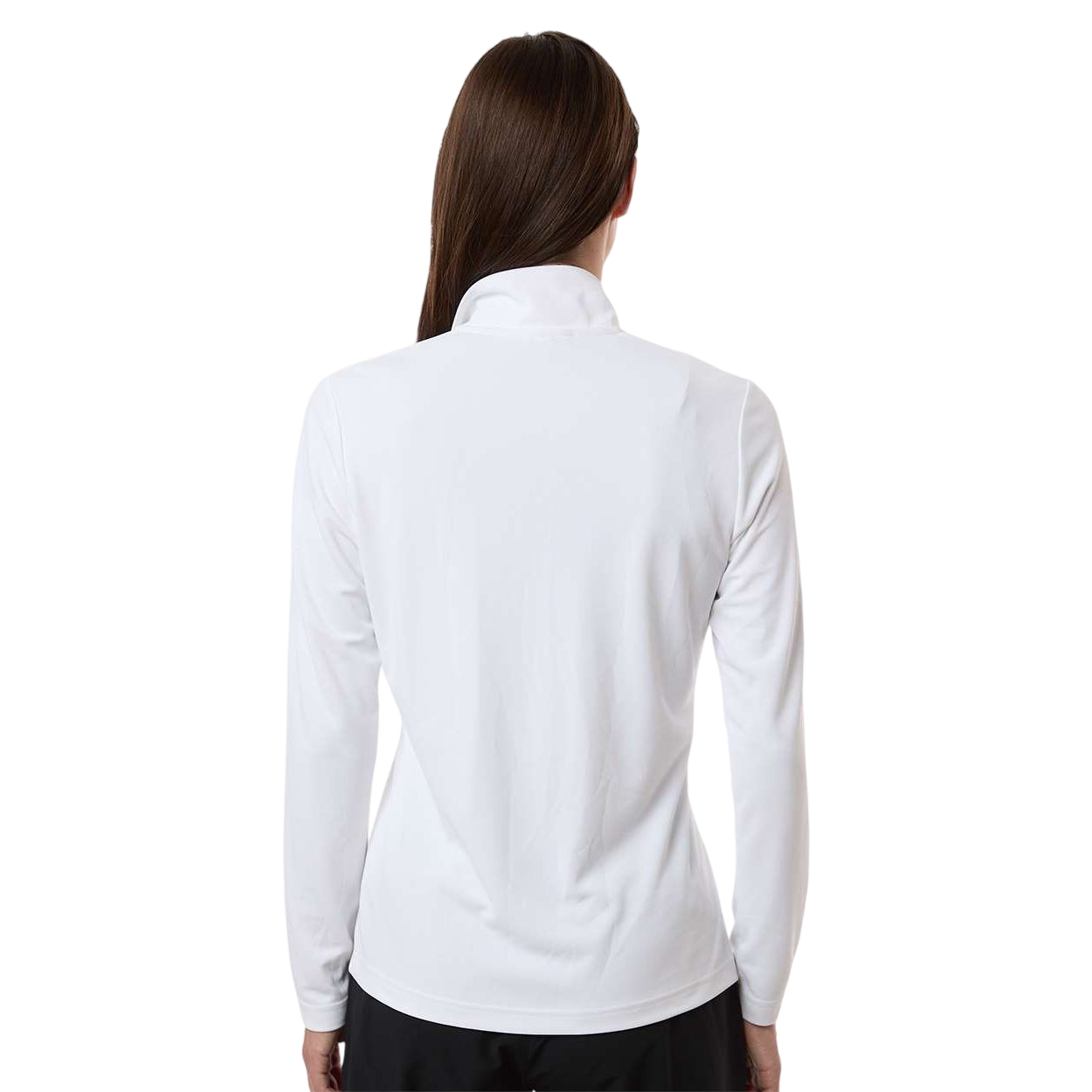 White Adidas Women’s Lightweight Quarter-Zip Pullover made from recycled polyester with a self-mock collar, long sleeves, quarter-zip front, and athletic performance fit for layering or active wear.