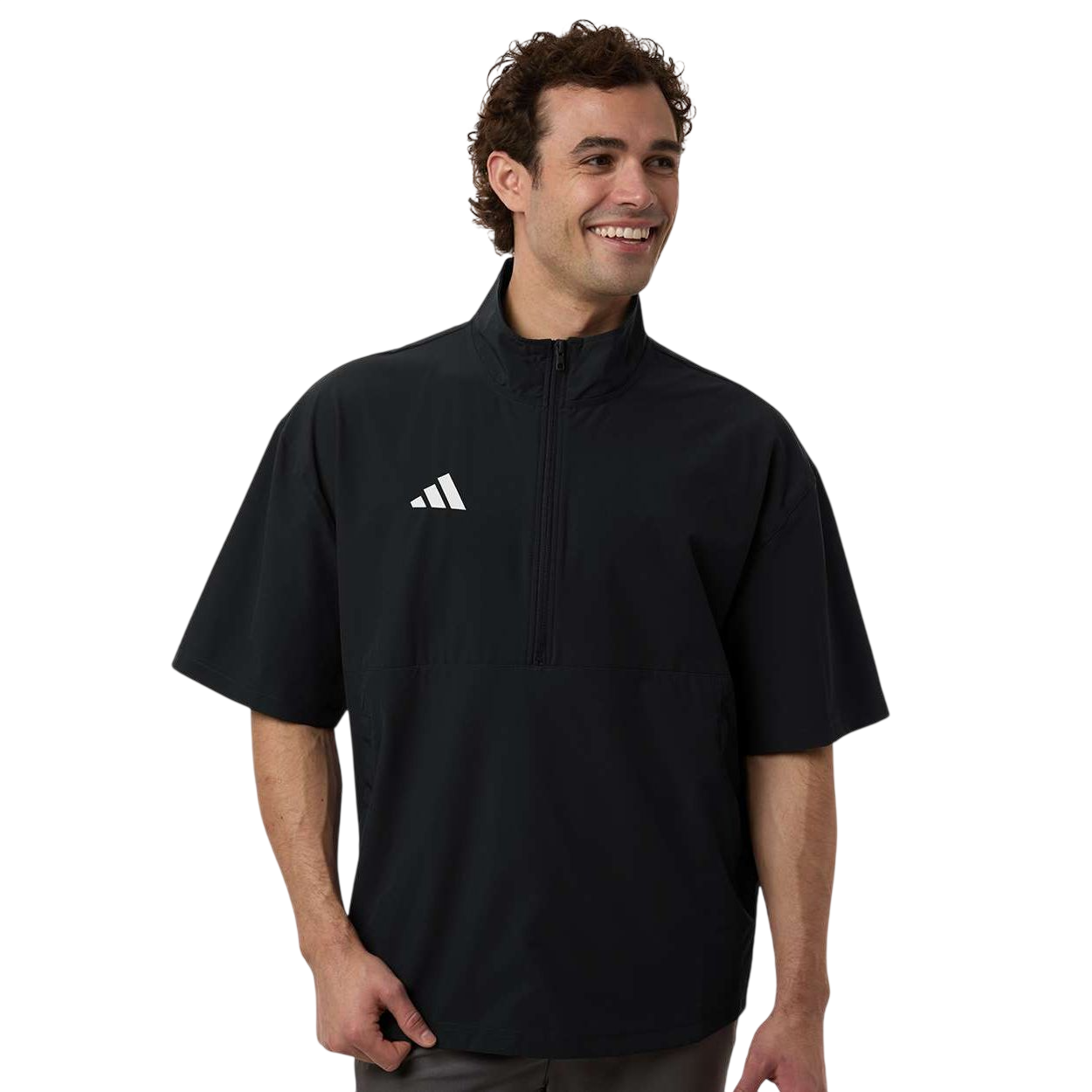 Black/White adidas Men’s Short Sleeve Quarter-Zip Pullover made from recycled polyester and elastane performance fabric with a loose athletic fit, quarter-zip neckline, short sleeves, and logo detail on the chest, ideal for golf, team wear, and active apparel.
