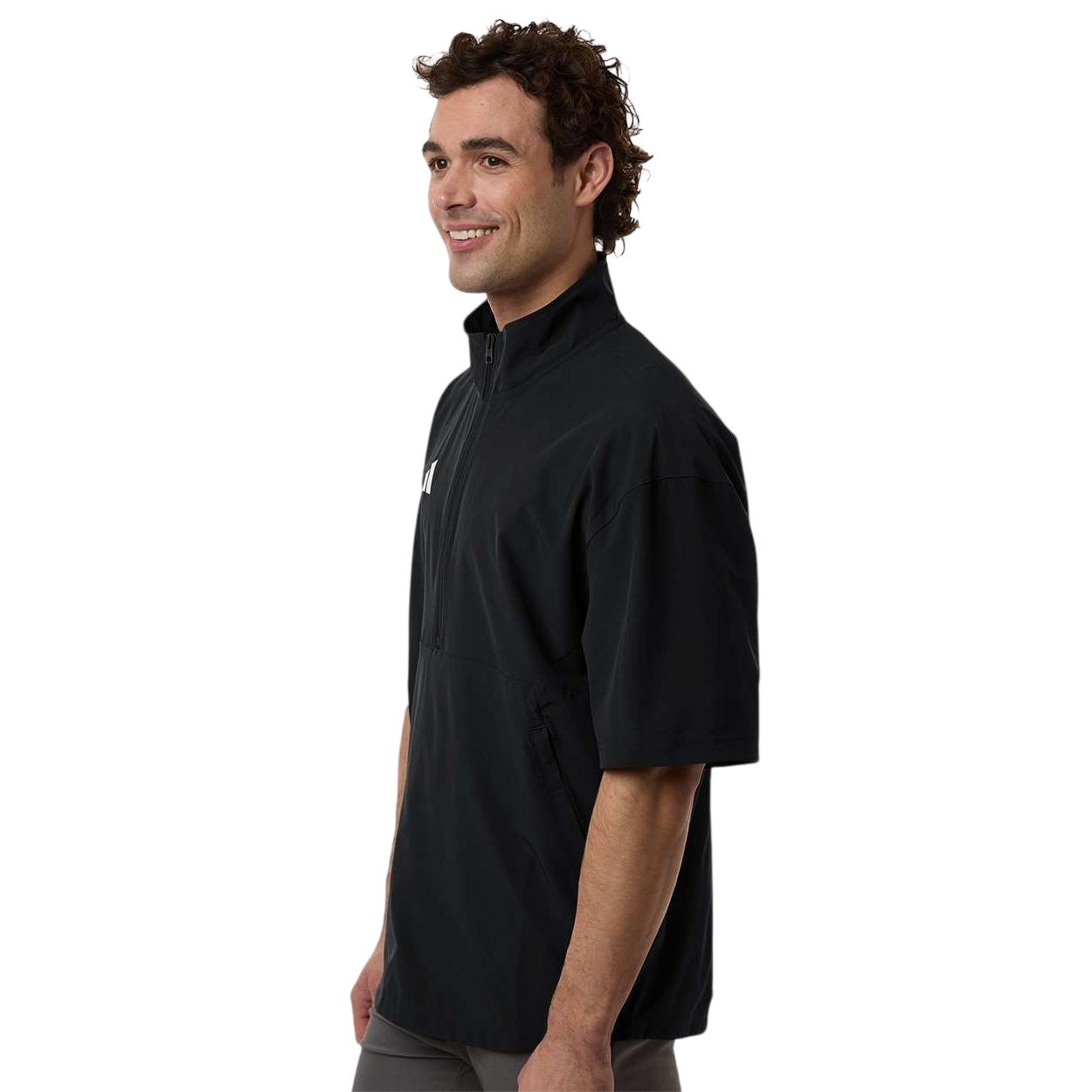 Black/White adidas Men’s Short Sleeve Quarter-Zip Pullover made from recycled polyester and elastane performance fabric with a loose athletic fit, quarter-zip neckline, short sleeves, and logo detail on the chest, ideal for golf, team wear, and active apparel.