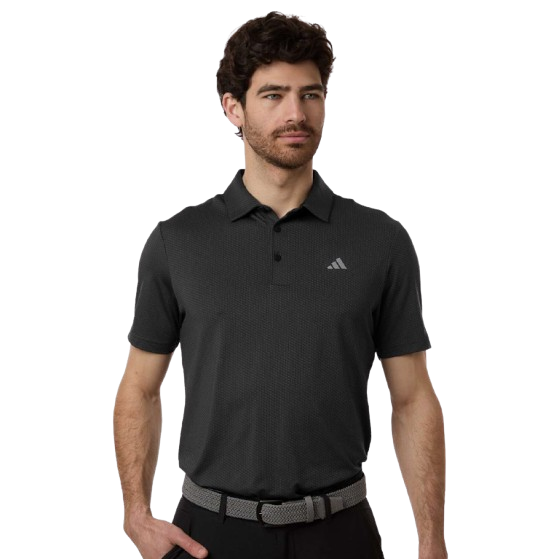 Carbon grey Adidas men’s textured performance polo with black accents, three-button placket, stretch recycled polyester fabric, and athletic regular fit.