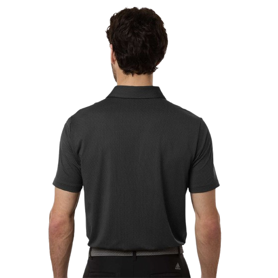 Carbon grey Adidas men’s textured performance polo with black accents, three-button placket, stretch recycled polyester fabric, and athletic regular fit.
