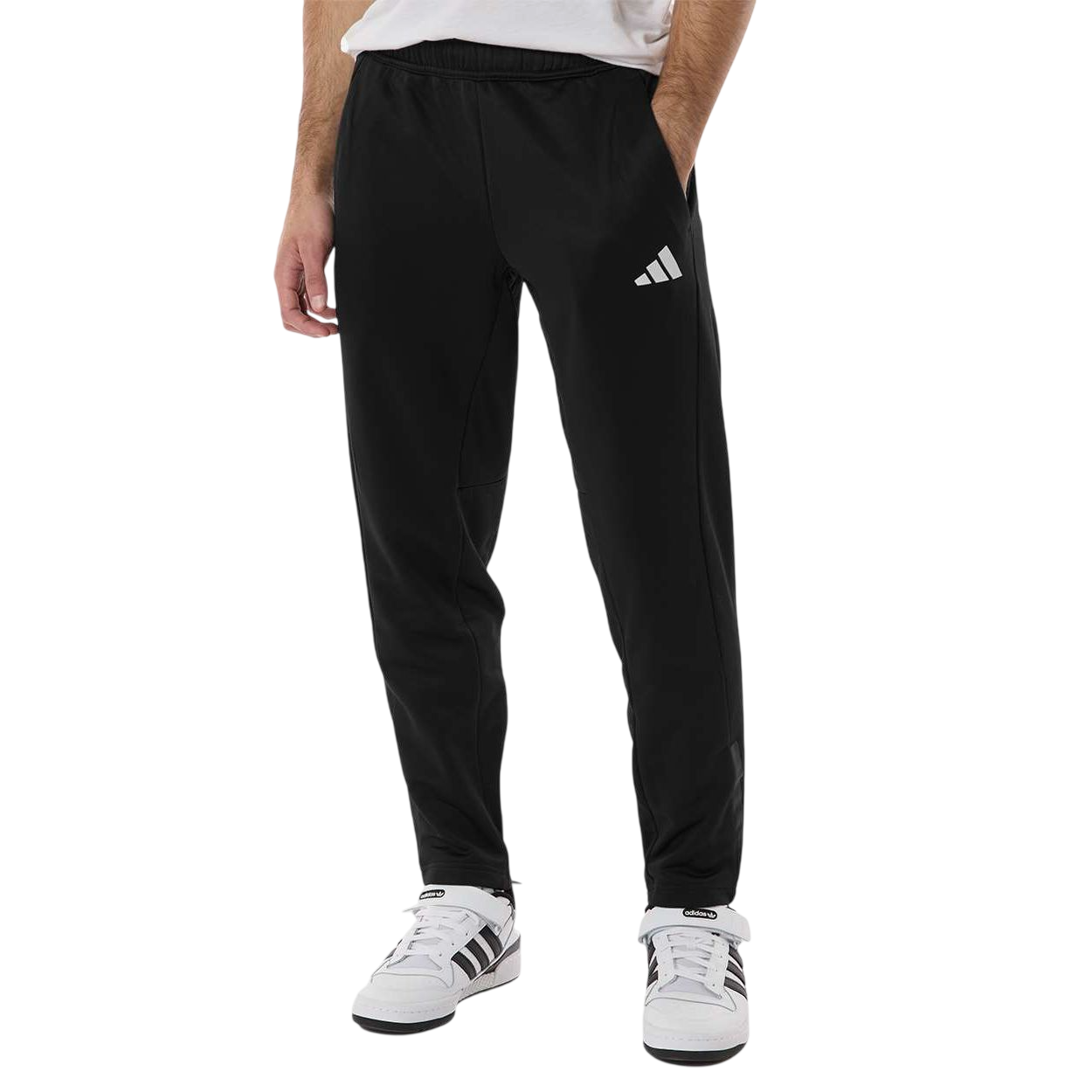 Black adidas Men’s Game & Go Fleece 3-Bar Sweatpants with plush fleece fabric, brushed interior, elastic waistband, side pockets, leg zips, and heat-seal logo designed for athletic training and casual wear