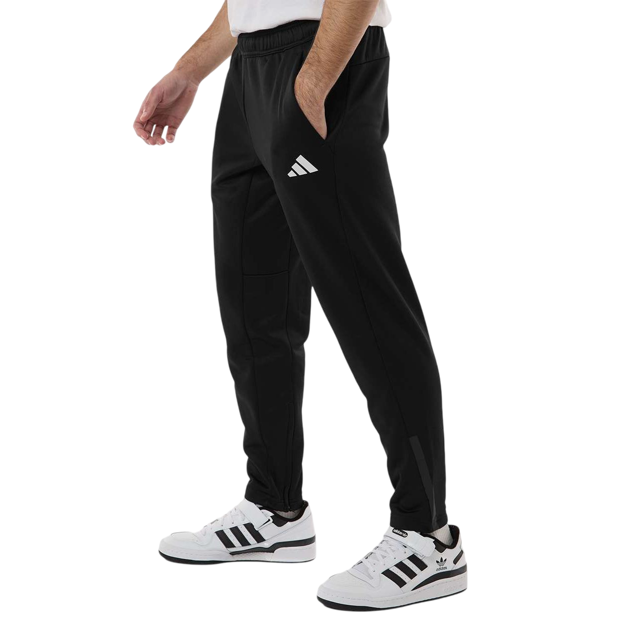 Black adidas Men’s Game & Go Fleece 3-Bar Sweatpants with plush fleece fabric, brushed interior, elastic waistband, side pockets, leg zips, and heat-seal logo designed for athletic training and casual wear