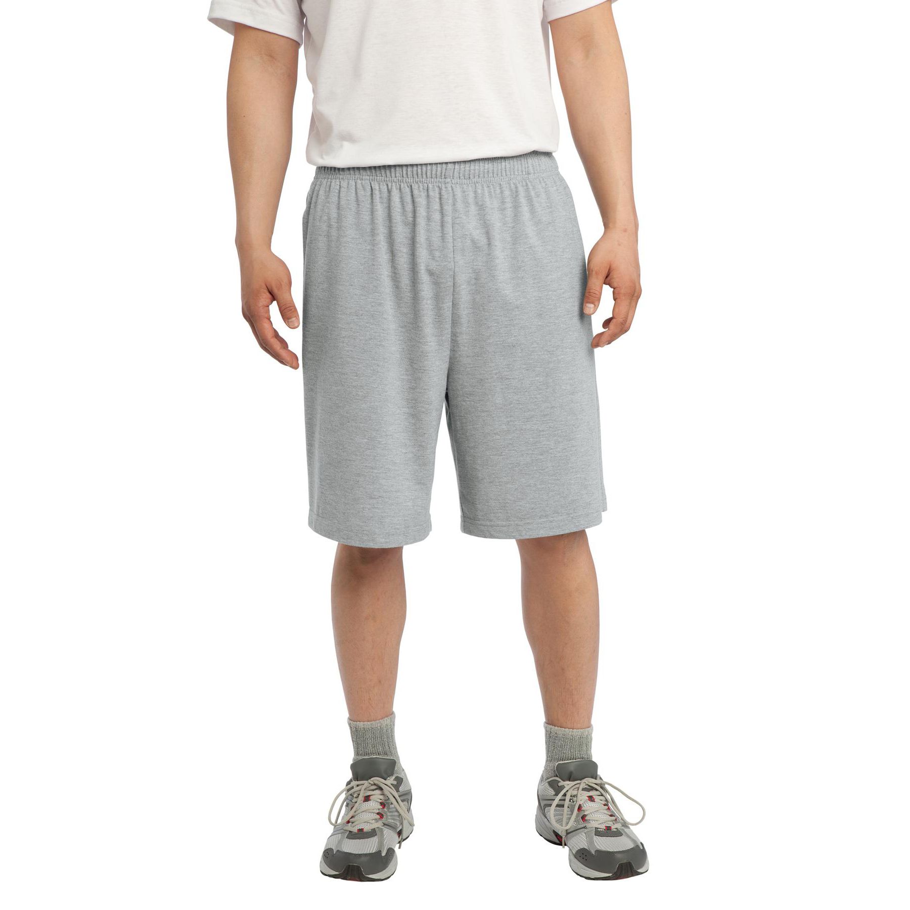 Heather Gray Sport-Tek Jersey Knit Short with Pockets featuring soft cotton-poly jersey fabric, elastic drawstring waistband, side pockets, and athletic fit for casual wear or exercise