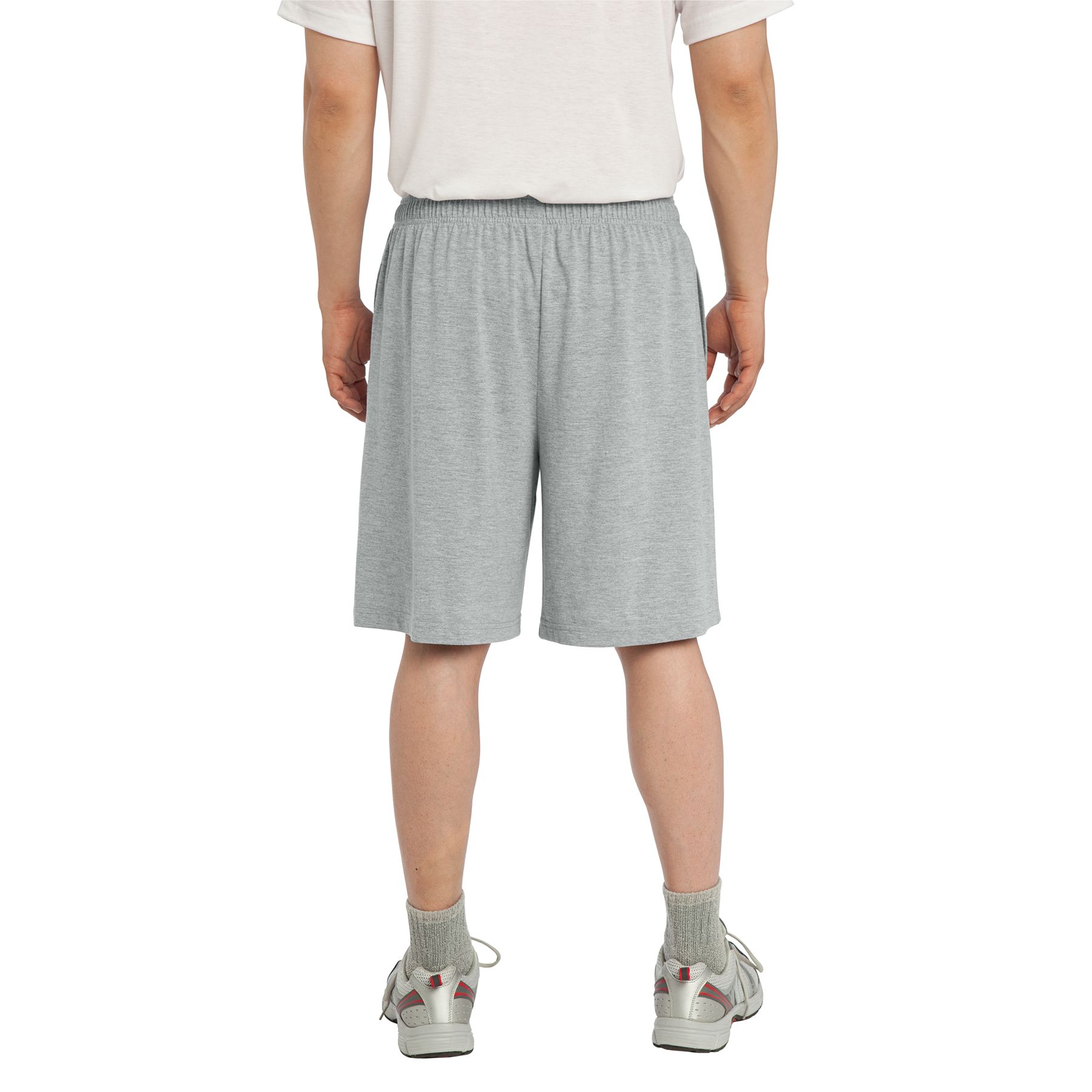 Heather Gray Sport-Tek Jersey Knit Short with Pockets featuring soft cotton-poly jersey fabric, elastic drawstring waistband, side pockets, and athletic fit for casual wear or exercise