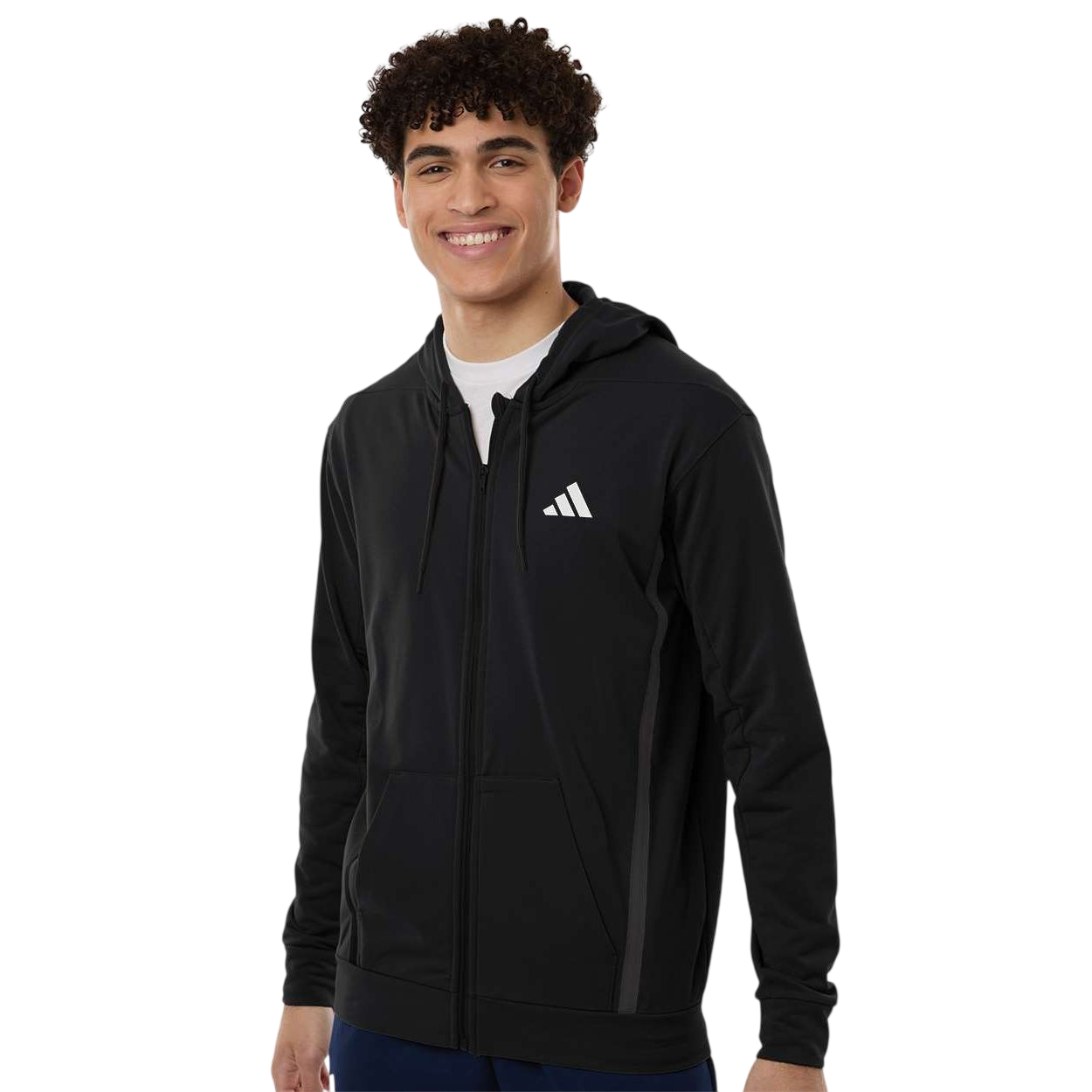 Black adidas Men's Game & Go Fleece Full-Zip Hooded Sweatshirt with full-zip front, drawcord hood, long sleeves, and chest logo detail, made from recycled polyester fleece for athletic wear, casual layering, and branded team apparel use.