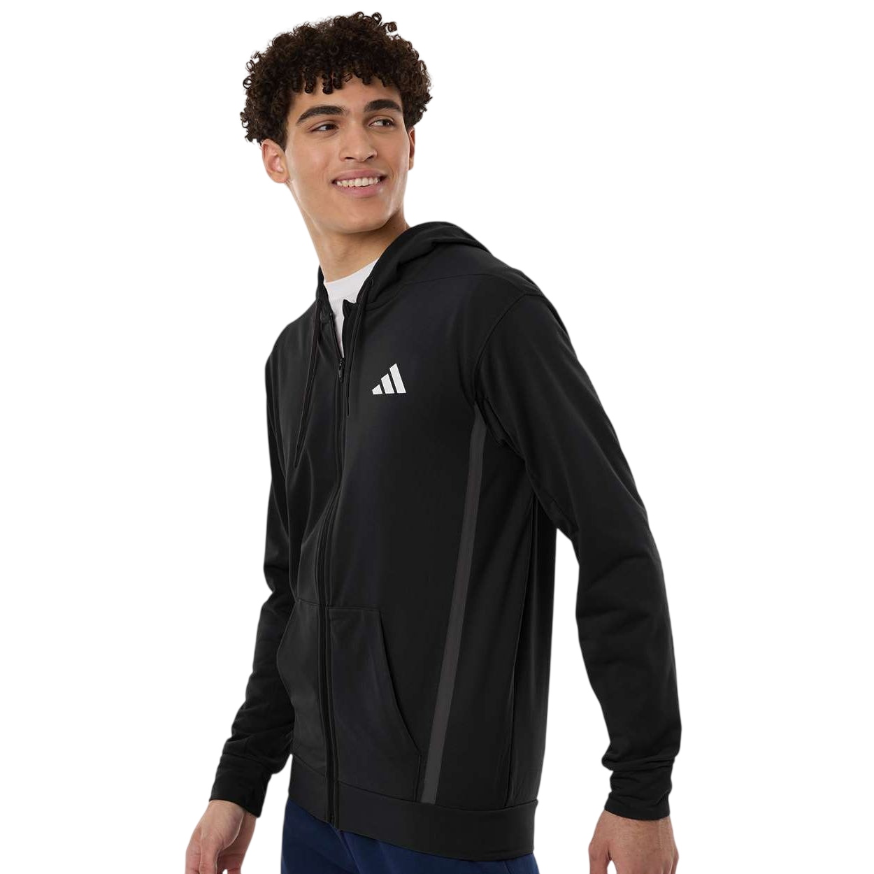 Black adidas Men's Game & Go Fleece Full-Zip Hooded Sweatshirt with full-zip front, drawcord hood, long sleeves, and chest logo detail, made from recycled polyester fleece for athletic wear, casual layering, and branded team apparel use.