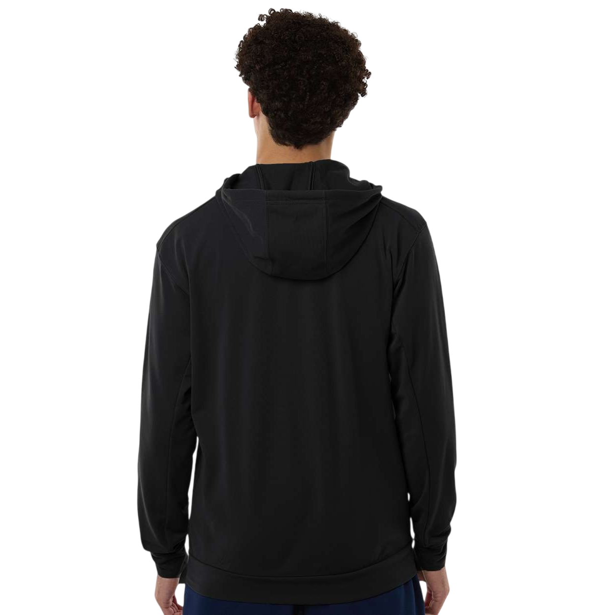 Black adidas Men's Game & Go Fleece Full-Zip Hooded Sweatshirt with full-zip front, drawcord hood, long sleeves, and chest logo detail, made from recycled polyester fleece for athletic wear, casual layering, and branded team apparel use.