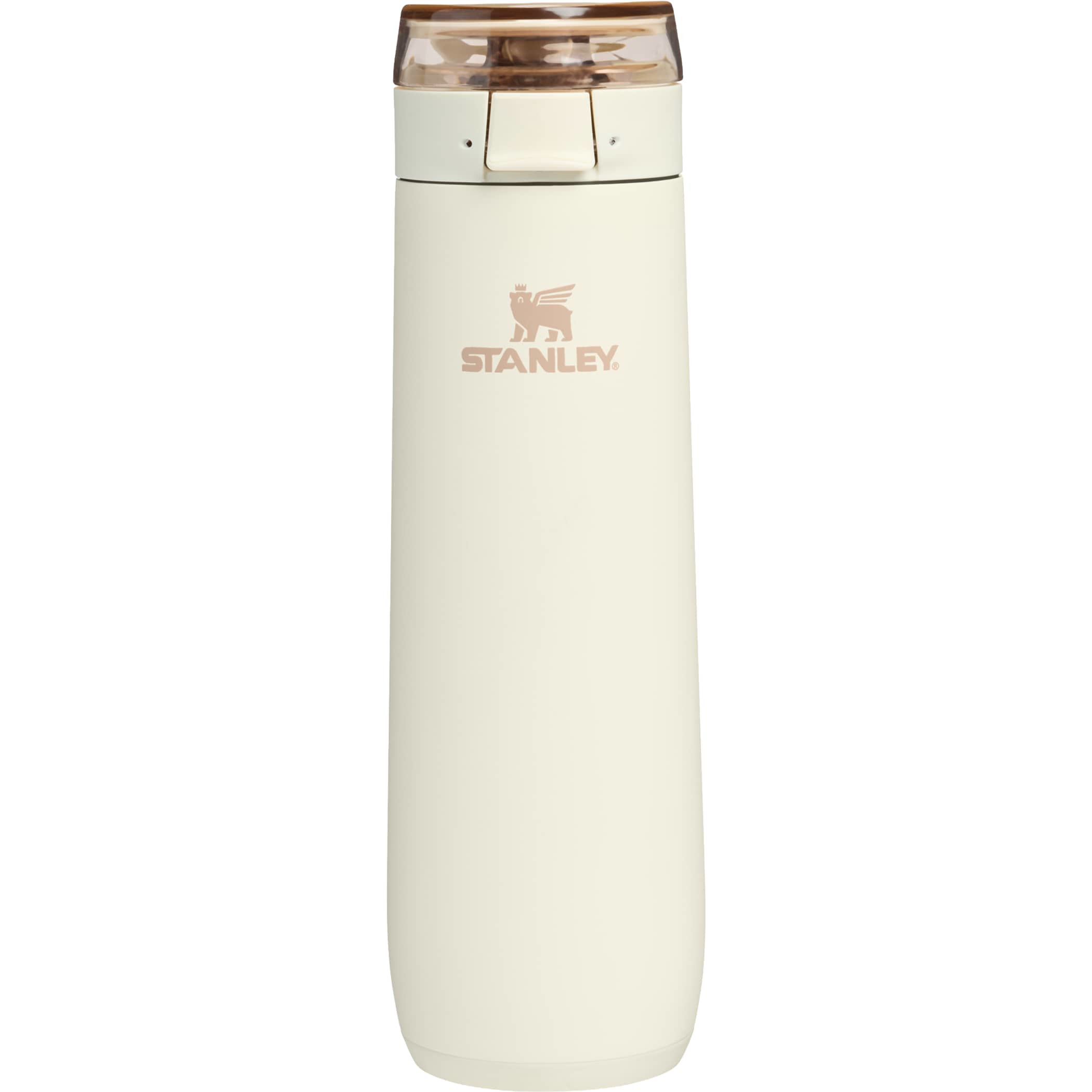 Cream Stanley Flowstate™ Spring Bottle 20oz stainless steel insulated water bottle with slim cylindrical design, leakproof flip-top lid, carry lanyard, and durable metal construction for cold beverage hydration on the go.