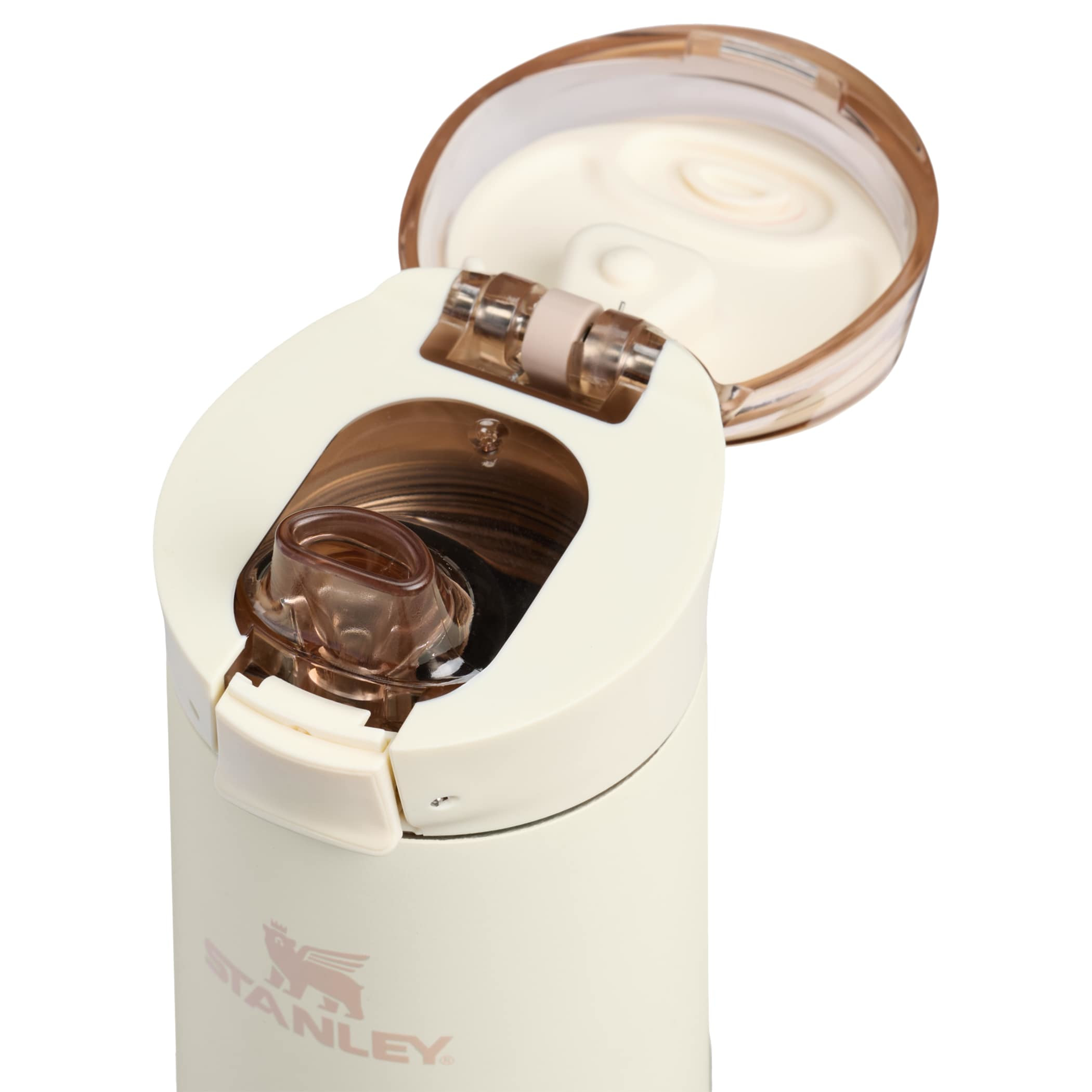 Cream Stanley Flowstate™ Spring Bottle 20oz stainless steel insulated water bottle with slim cylindrical design, leakproof flip-top lid, carry lanyard, and durable metal construction for cold beverage hydration on the go.