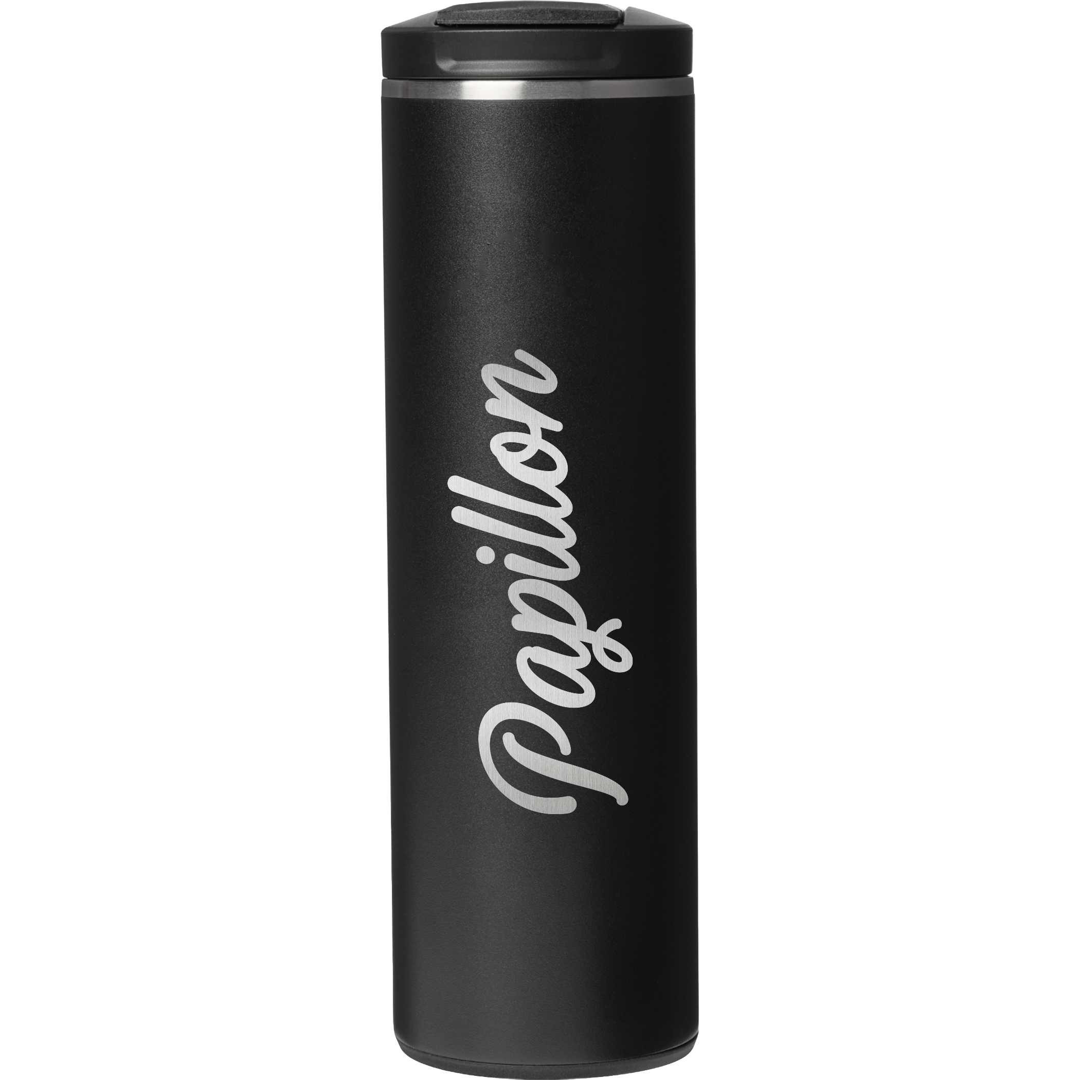 Black Stanley® Transit Flip Top Mug 16 oz stainless steel travel mug with flip-top leakproof lid, slim insulated design, and reusable drink container for commuting and hot or cold beverages.
