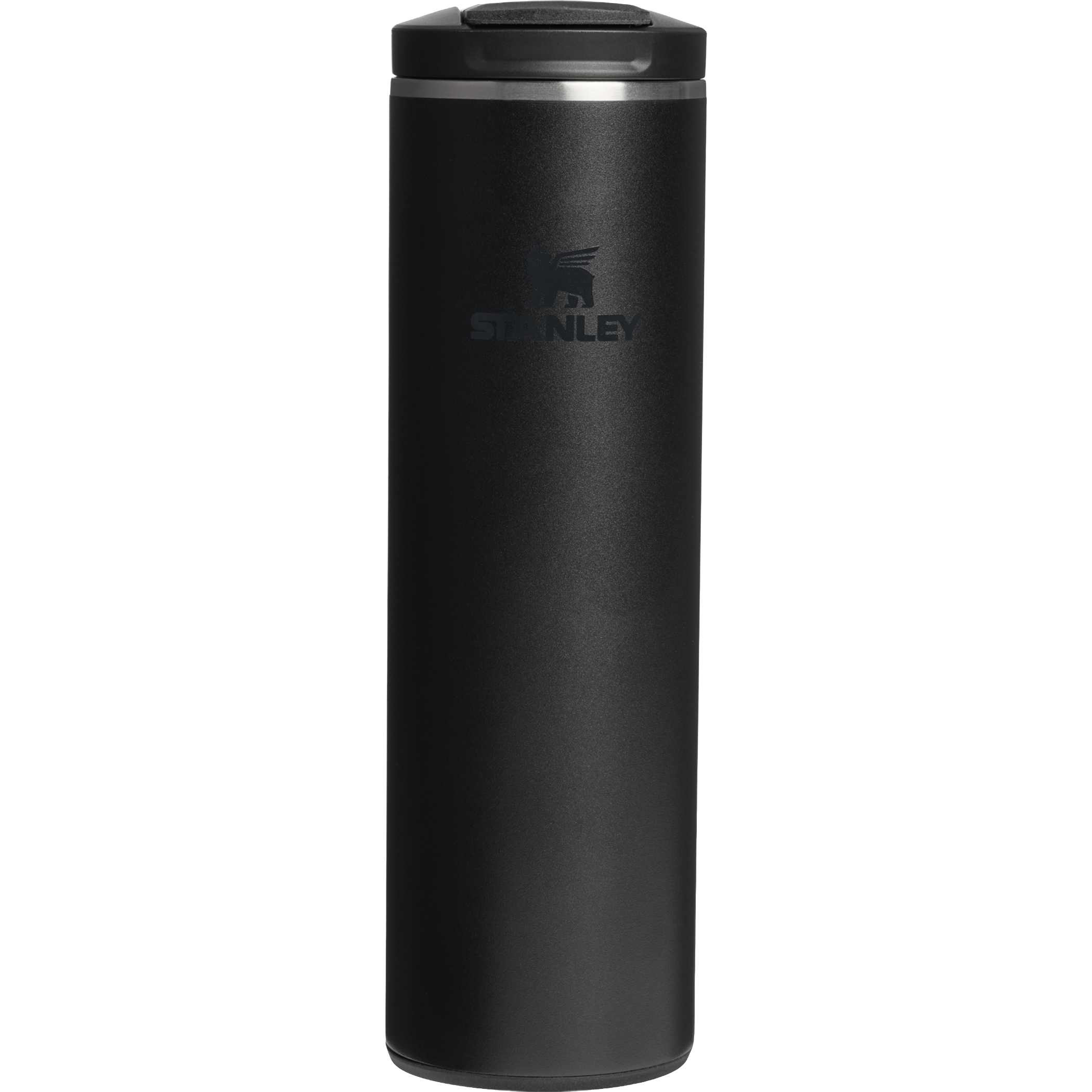 Black Stanley® Transit Flip Top Mug 16 oz stainless steel travel mug with flip-top leakproof lid, slim insulated design, and reusable drink container for commuting and hot or cold beverages.