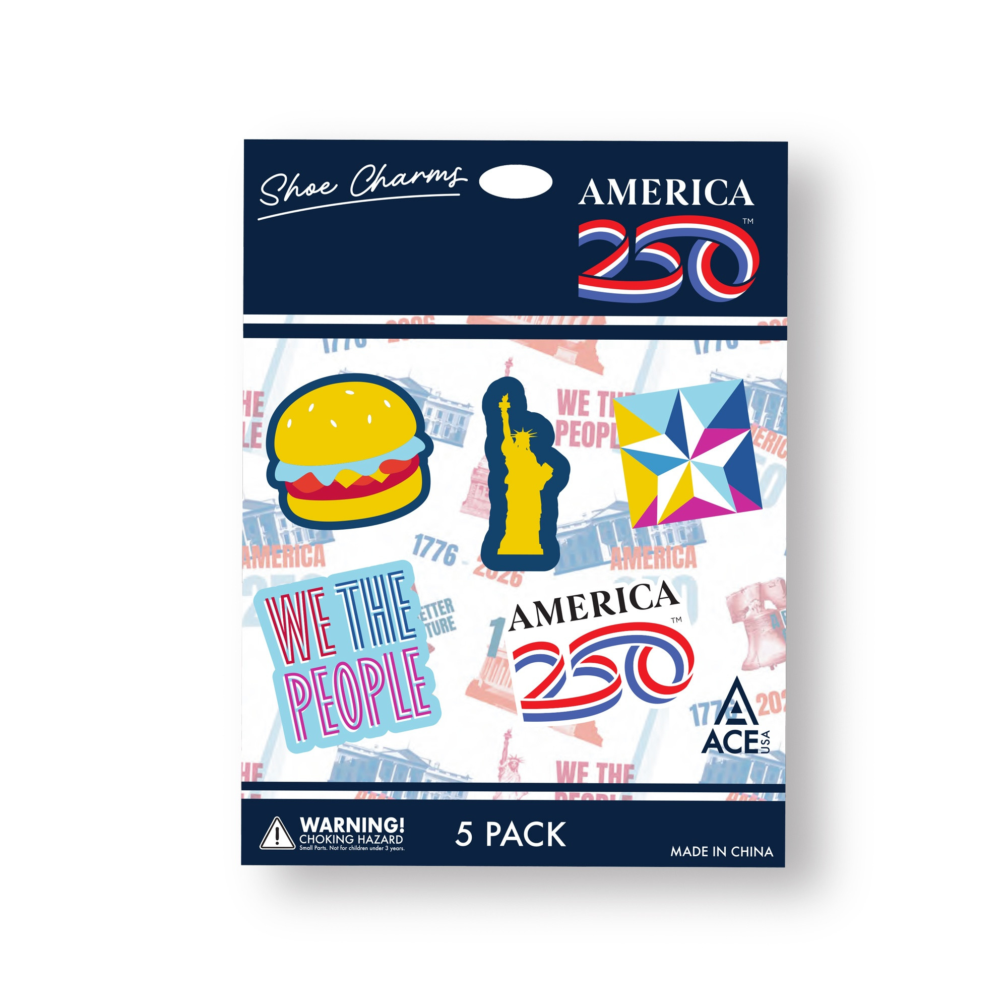 Custom America250™ Shoe Charm-5 Pack Set featuring five patriotic-themed shoe charms designed to decorate and personalize footwear with commemorative Americana styling.