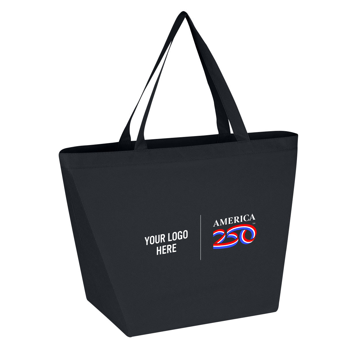 Black America250™ Non-Woven Budget Shopper Tote Bag made from 80-gram coated water-resistant polypropylene, featuring the printed America250 logo, 20-inch carry handles, and an 8-inch bottom gusset for expanded storage, shown as a reusable promotional shopping tote for groceries, markets, and everyday use.