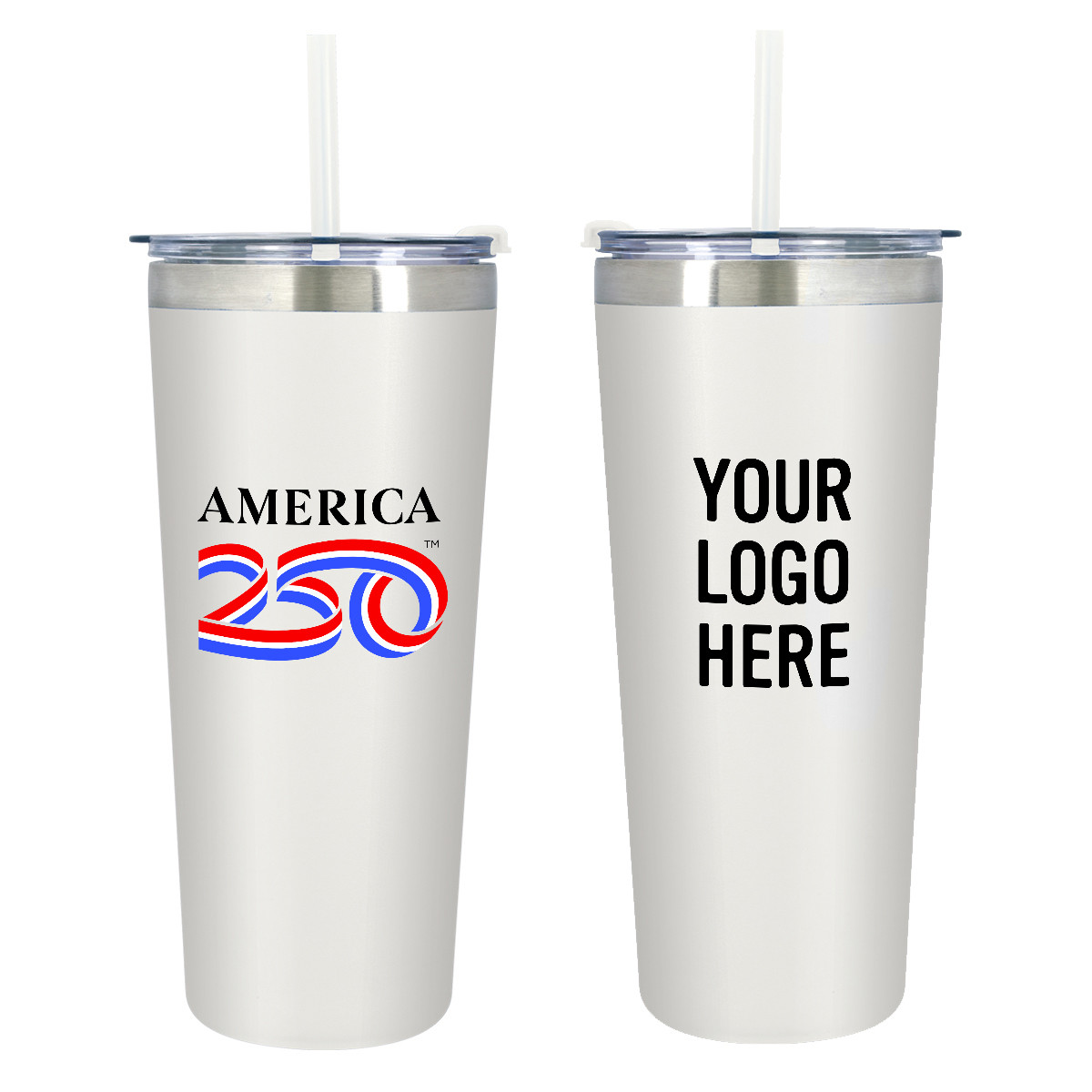 White America250™ Colma Tumbler - 24 oz stainless steel double-wall insulated travel tumbler with snap-on spill-resistant flip-top lid, straw opening, and matching straw, featuring a durable metal finish designed for hot and cold beverage use on the go.