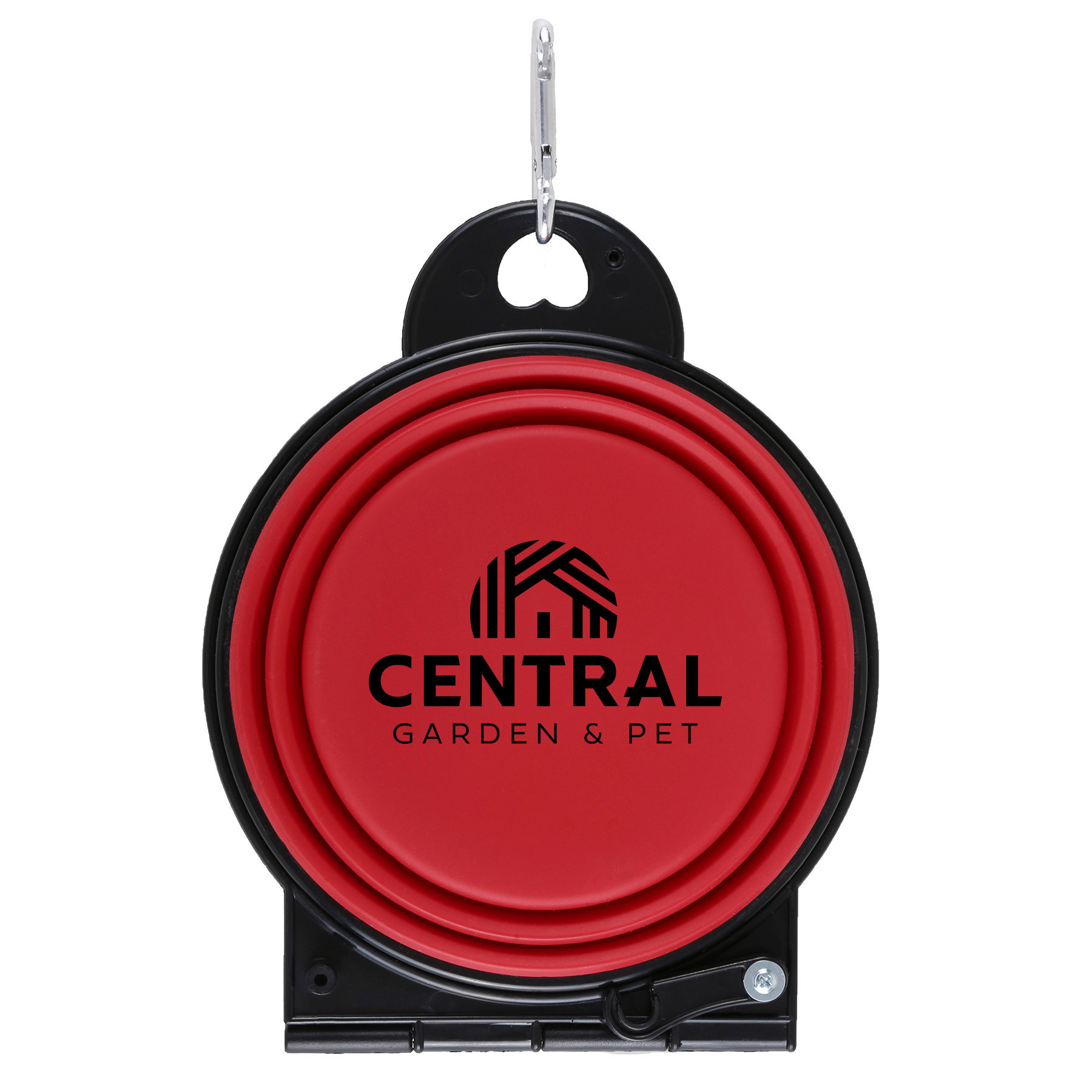 Red Dual Collapsible Pet Bowl made from flexible silicone, featuring a dual-compartment design for food and water, collapsible folding structure for easy storage, and an attached carabiner clip for convenient travel use with leashes, backpacks, or belts.