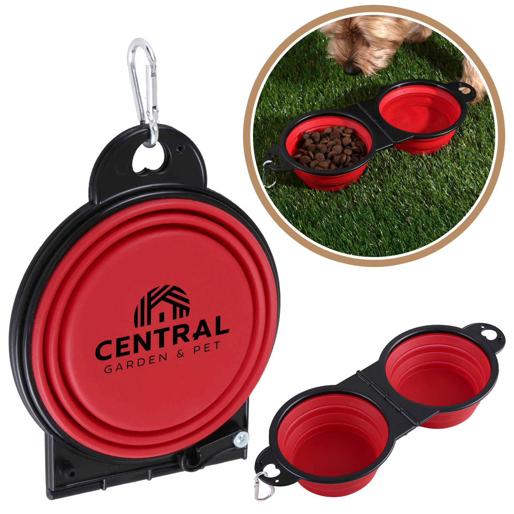 A Red dual collapsible pet bowl made of flexible silicone in a two-tone design, shown in a travel setting with one side used for food and the other for water, demonstrating its portable use for feeding pets on outdoor walks or trips.