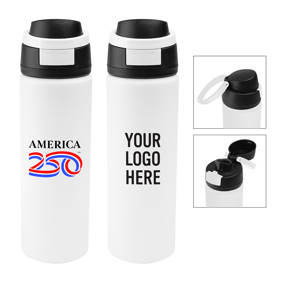 White America250™ Pop Sip Recycled Stainless Steel Bottle 24 oz in recycled stainless steel with powder-coated finish, featuring an America250™ logo design, push-button sip lid, carry handle, and insulated double-wall construction for hot or cold drinks.