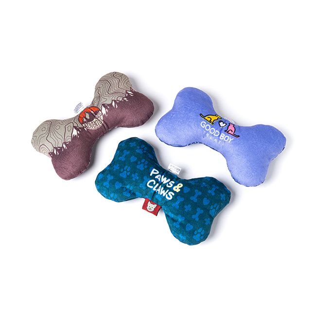 A Custom Plush Dog Toys soft plush dog bone toy with full-color design, bone-shaped fabric construction, and pet-friendly material for chewing, fetching, and interactive dog play.