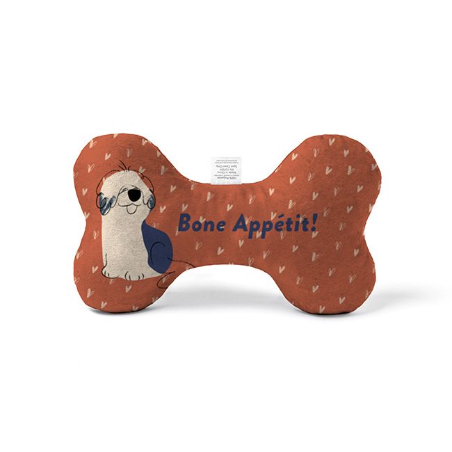 A Custom Plush Dog Toys soft plush dog bone toy with full-color design, bone-shaped fabric construction, and pet-friendly material for chewing, fetching, and interactive dog play.