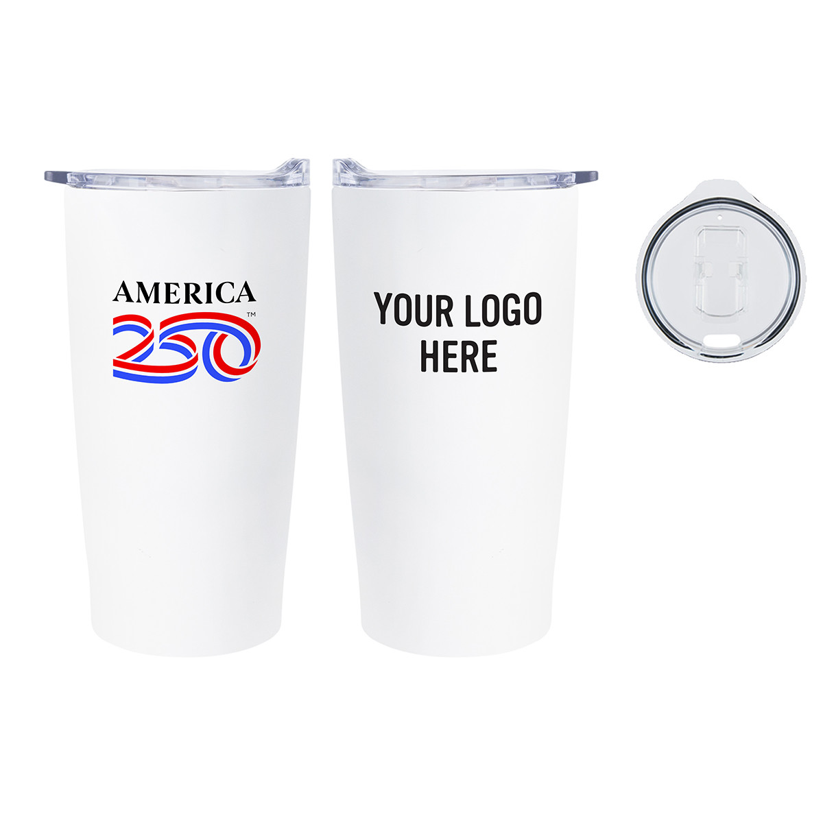 White stainless steel insulated tumbler with clear thumb-slide lid and official America250™ logo design.