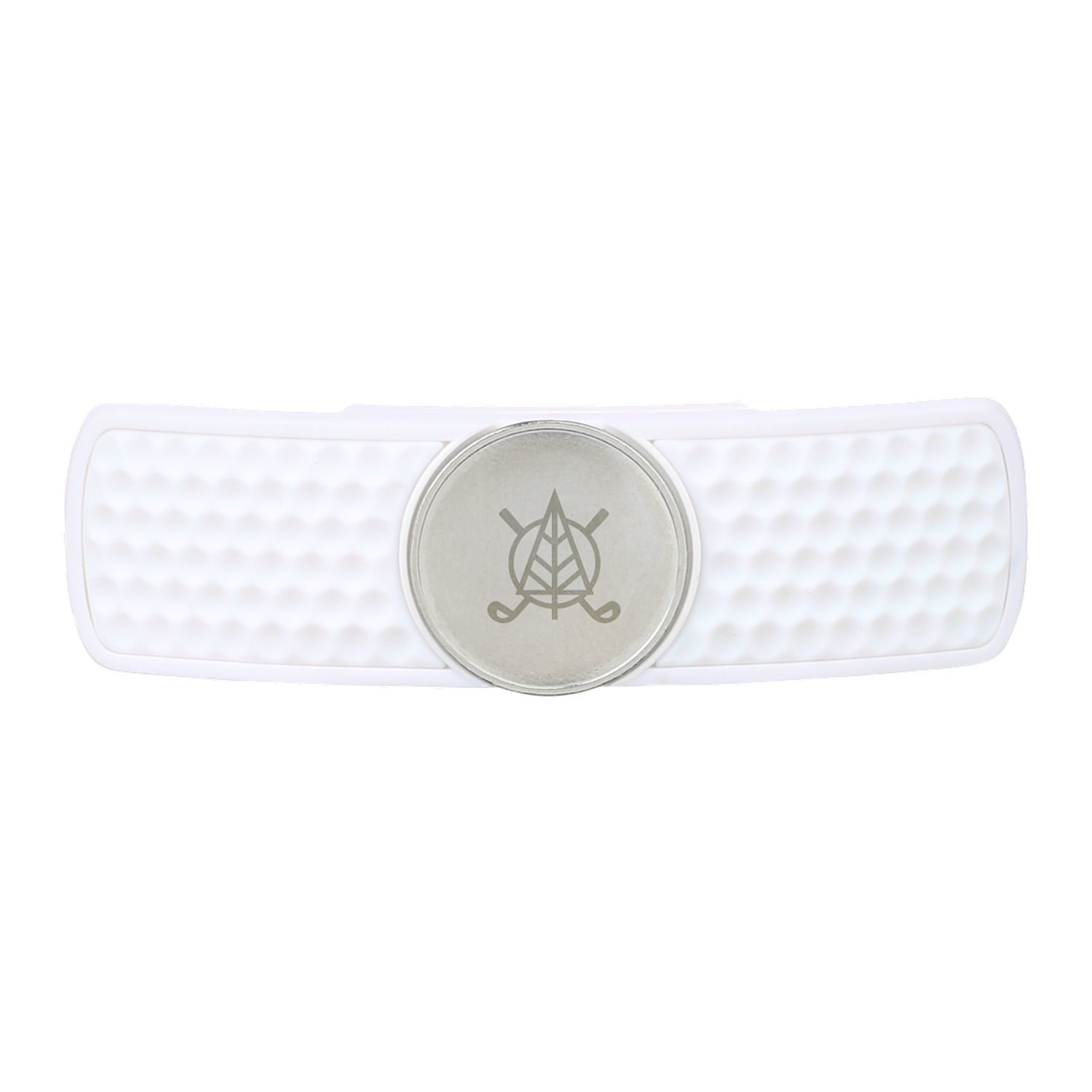 White magnetic golf hat clip ball marker with lightweight polymer construction and secure snap-in marker holder.