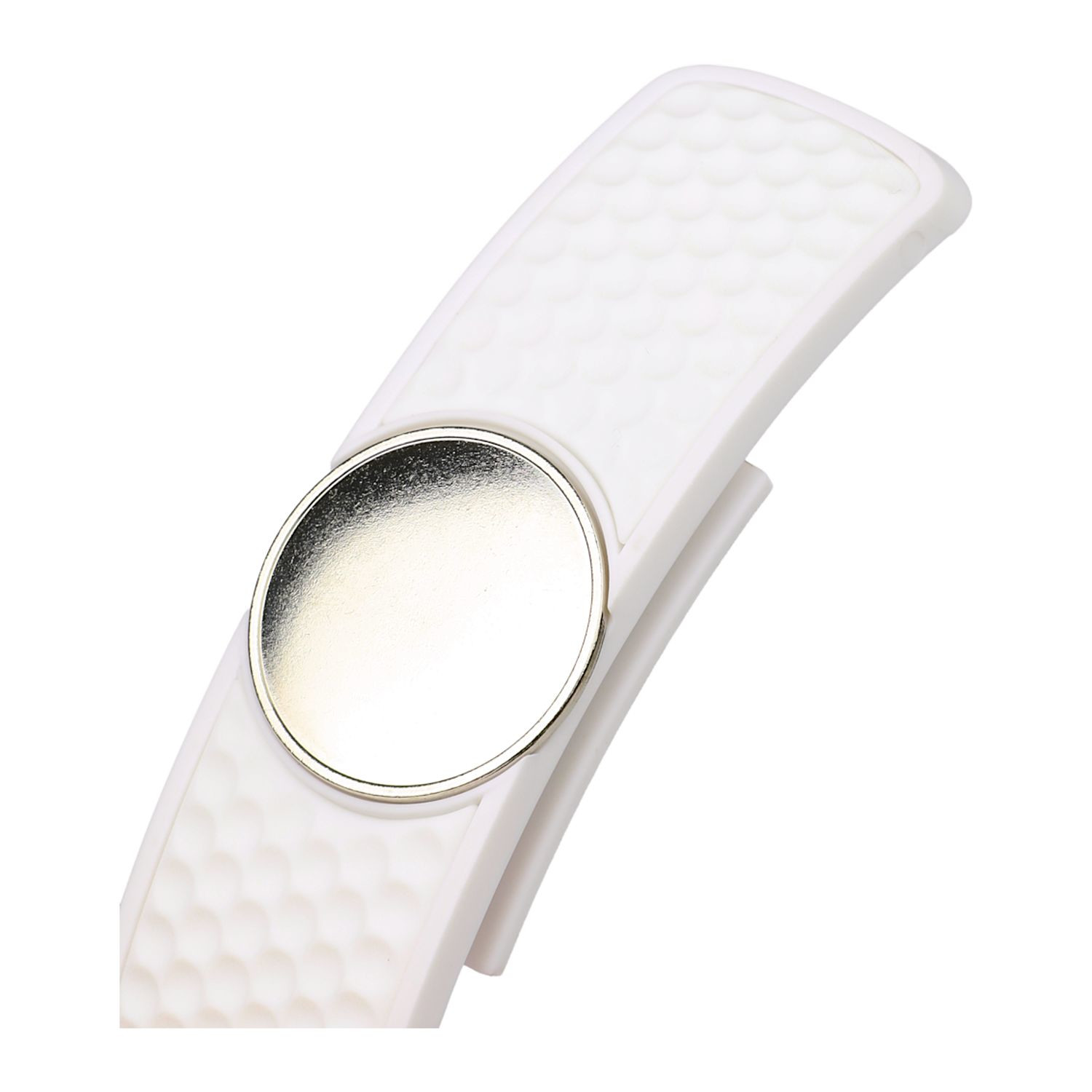 White magnetic golf hat clip ball marker with lightweight polymer construction and secure snap-in marker holder.