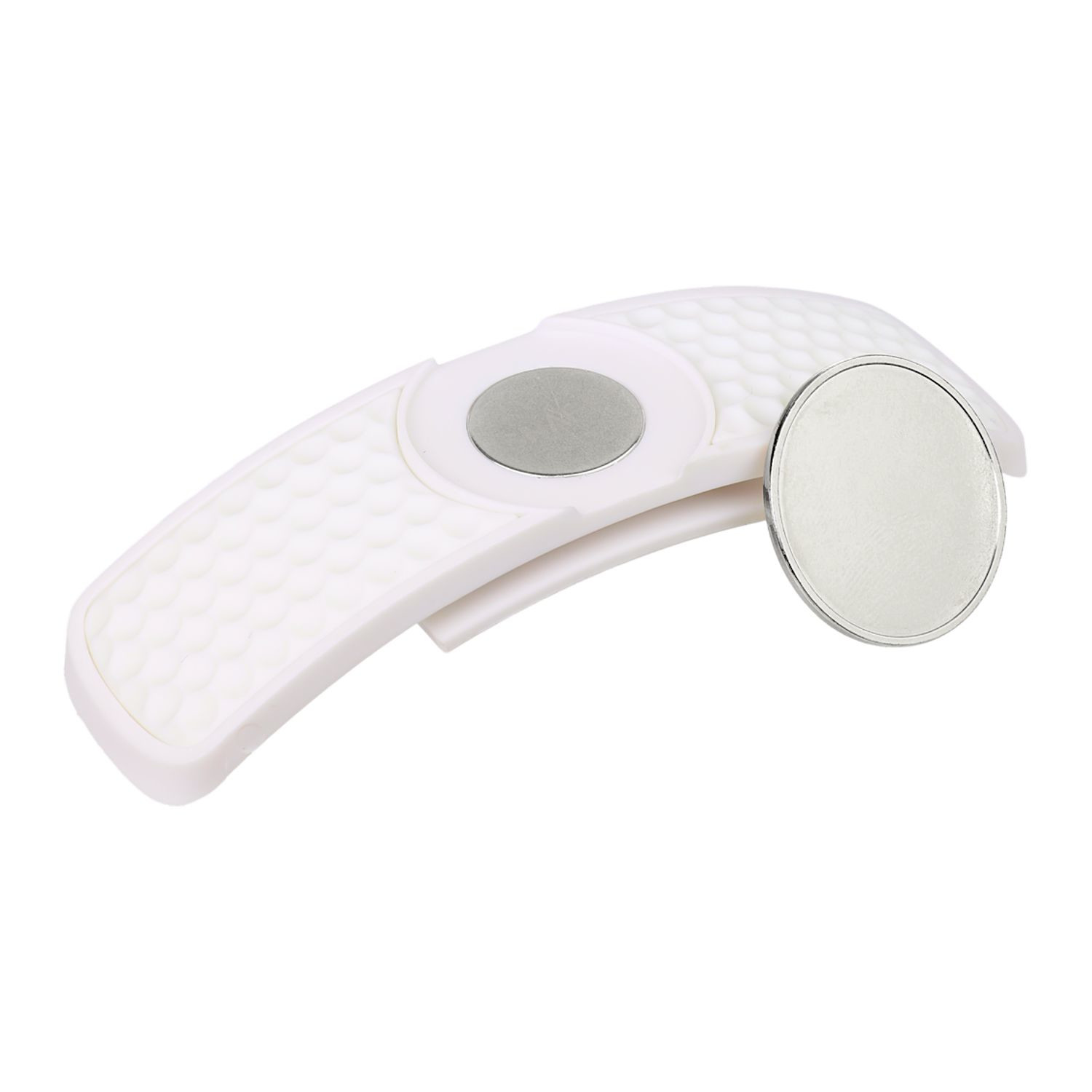 White magnetic golf hat clip ball marker with lightweight polymer construction and secure snap-in marker holder.