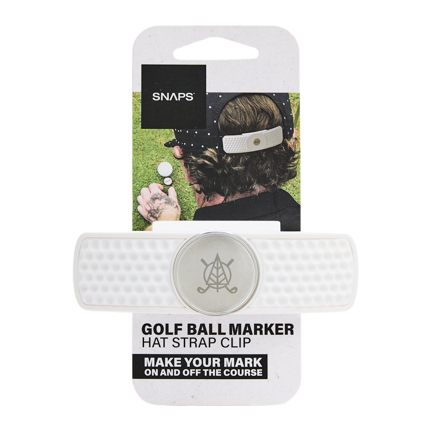 White magnetic golf hat clip ball marker with lightweight polymer construction and secure snap-in marker holder.