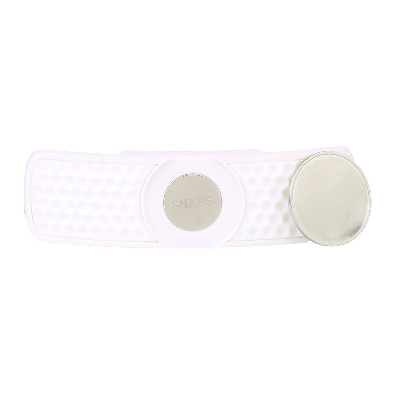 White magnetic golf hat clip ball marker with lightweight polymer construction and secure snap-in marker holder.