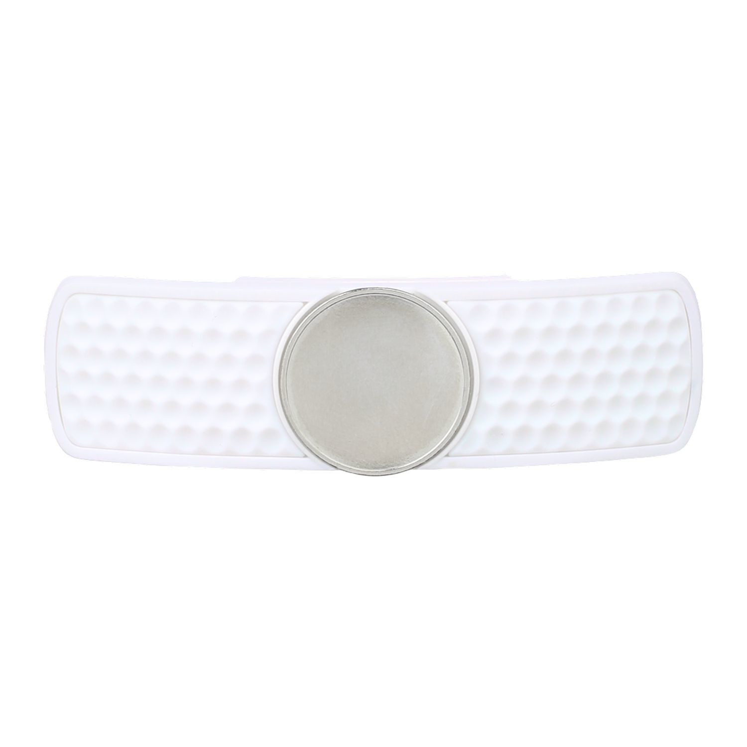 White magnetic golf hat clip ball marker with lightweight polymer construction and secure snap-in marker holder.
