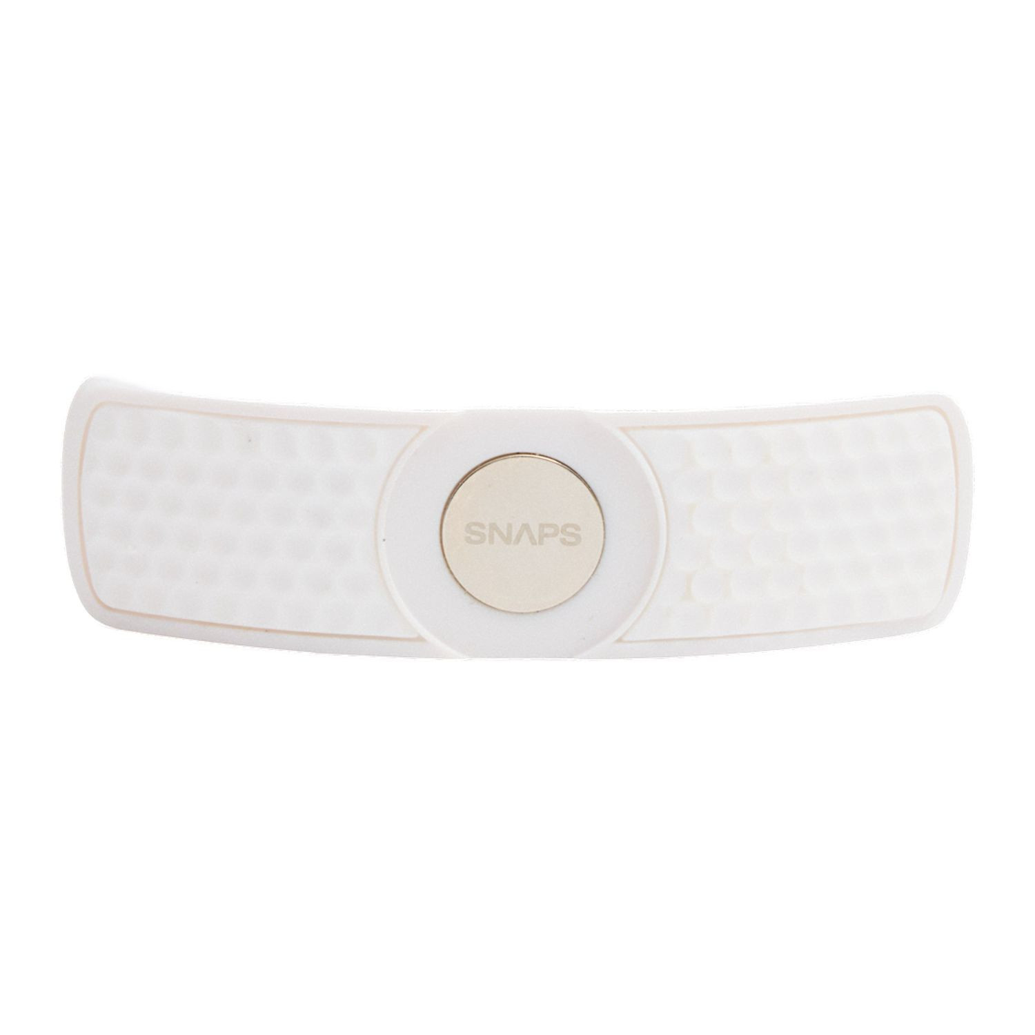 White magnetic golf hat clip ball marker with lightweight polymer construction and secure snap-in marker holder.