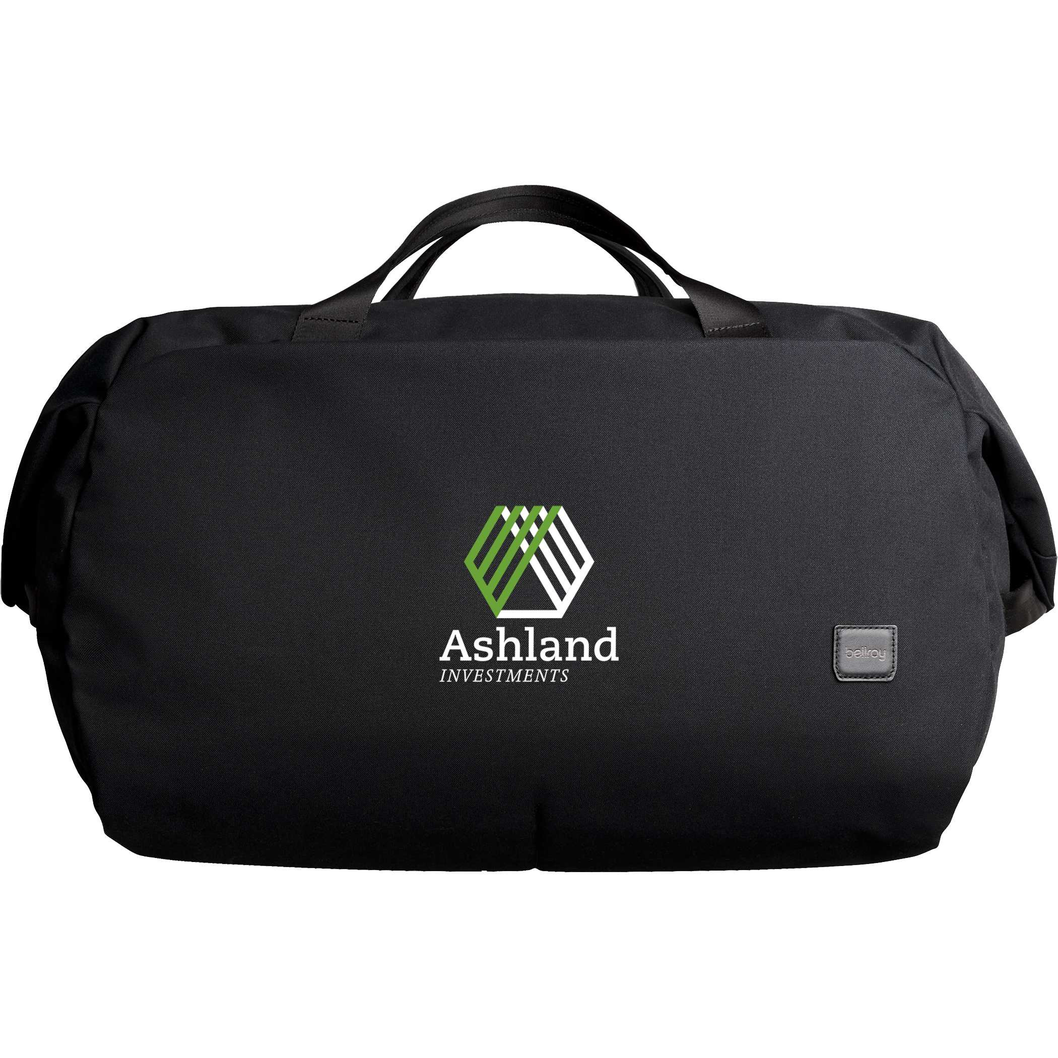 Black Bellroy Classic 45L Duffle Bag in black recycled polyester Canva Weave fabric with barrel-shaped design, dual carry handles, shoulder strap, and spacious travel storage for weekend trips and everyday travel.