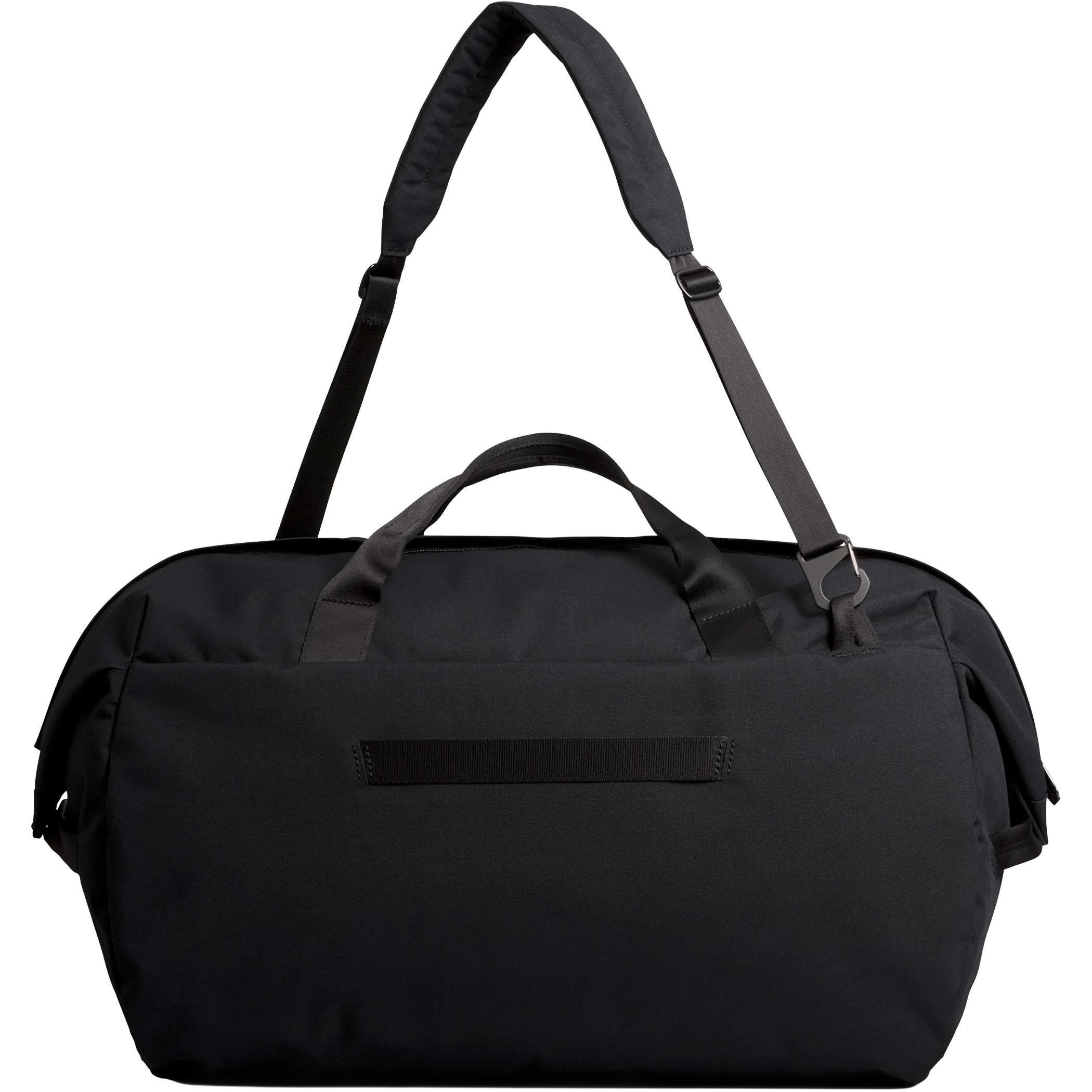 At the back of Black Bellroy Classic 45L Duffle Bag in black recycled polyester Canva Weave fabric with barrel-shaped design, dual carry handles, shoulder strap, and spacious travel storage for weekend trips and everyday travel.