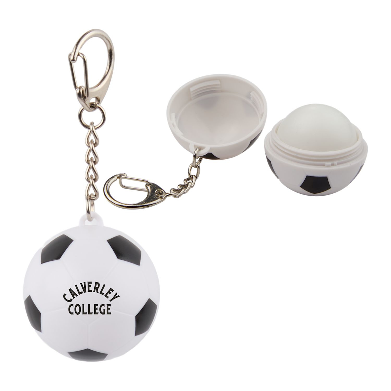 White and black soccer ball-shaped lip balm keychain with a smooth recycled plastic shell, twist-open design, and attached metal key ring for portable everyday use.