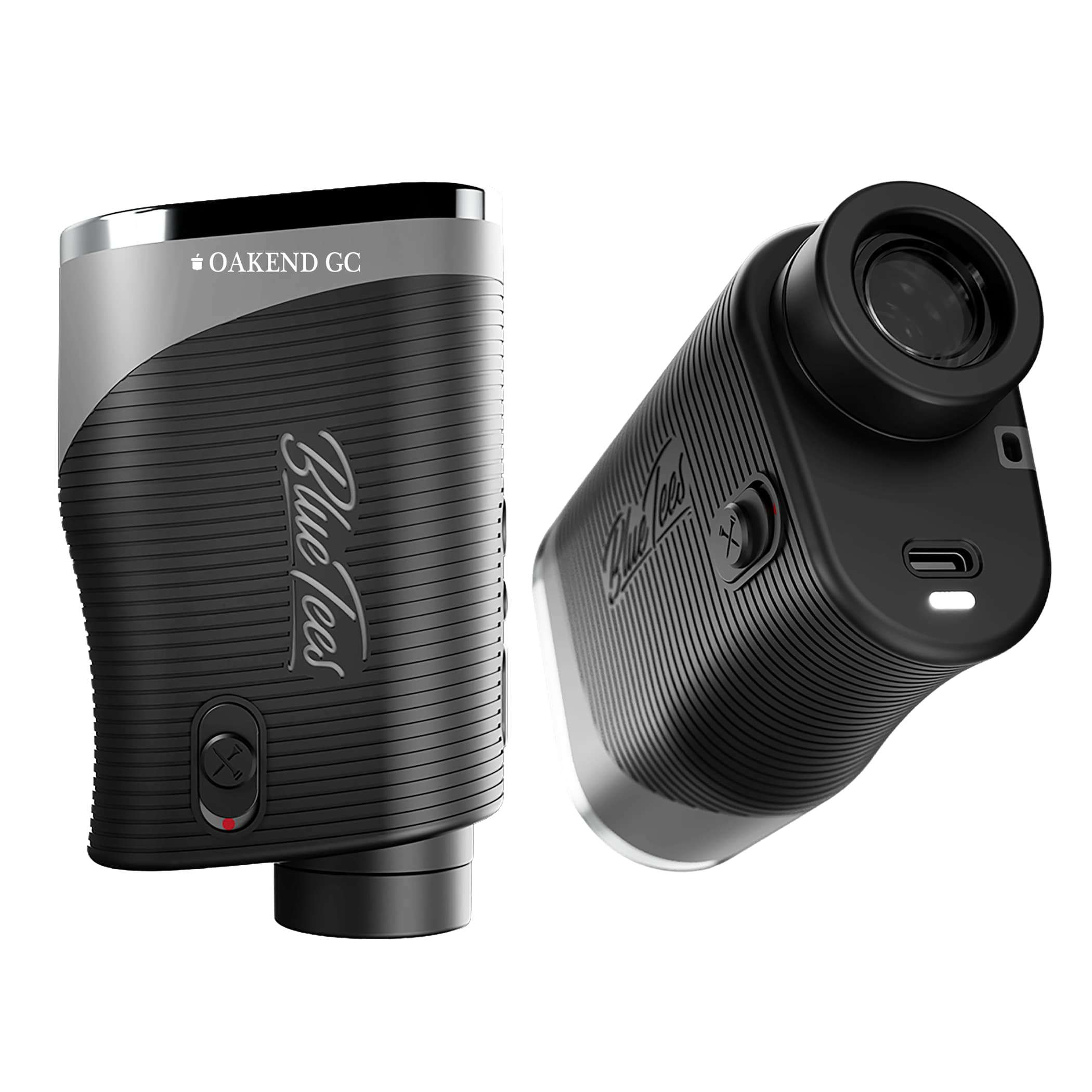 Black Blue Tees Golf Series 3 Max+ Rangefinder in black with a compact matte plastic housing, front laser lens, and digital display window, designed as a handheld golf distance measuring device for accurate yardage readings on the course.