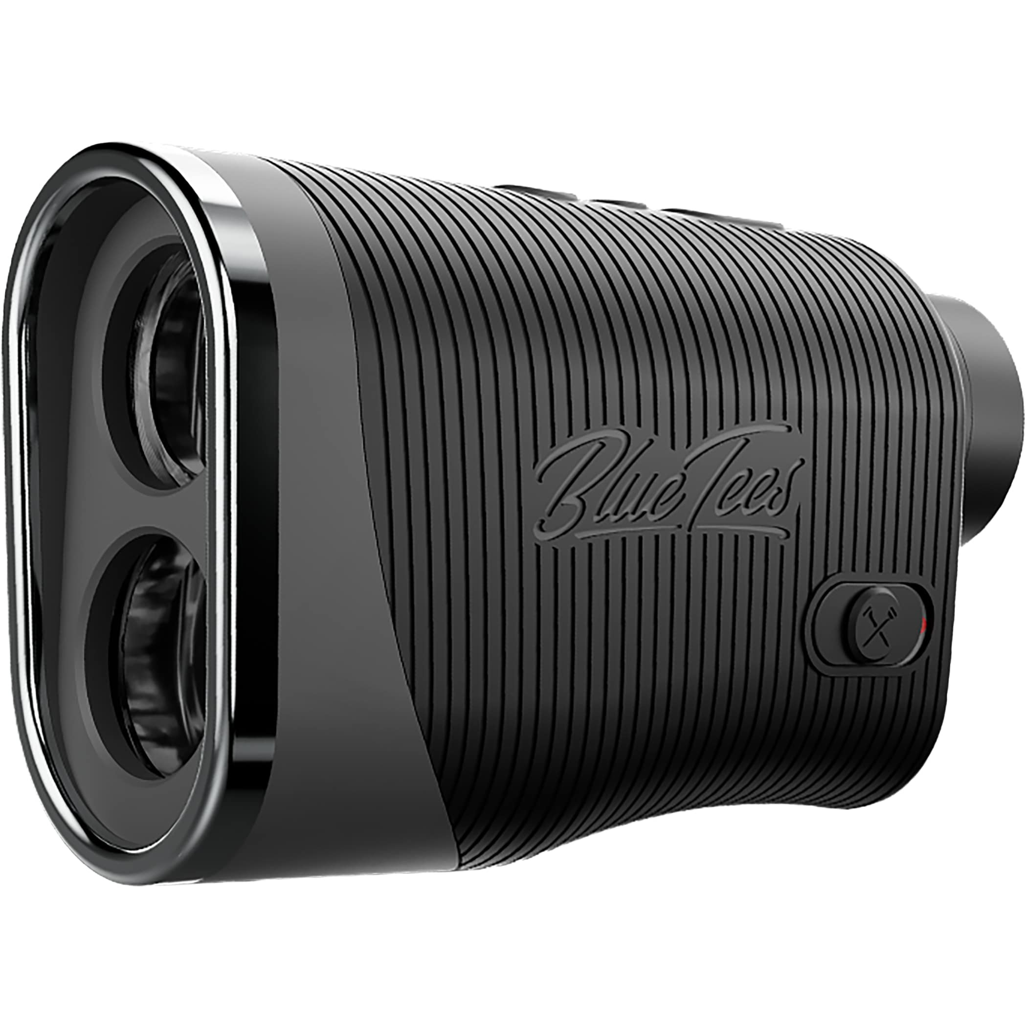 Black Blue Tees Golf Series 3 Max+ Rangefinder in black with a compact matte plastic housing, front laser lens, and digital display window, designed as a handheld golf distance measuring device for accurate yardage readings on the course.