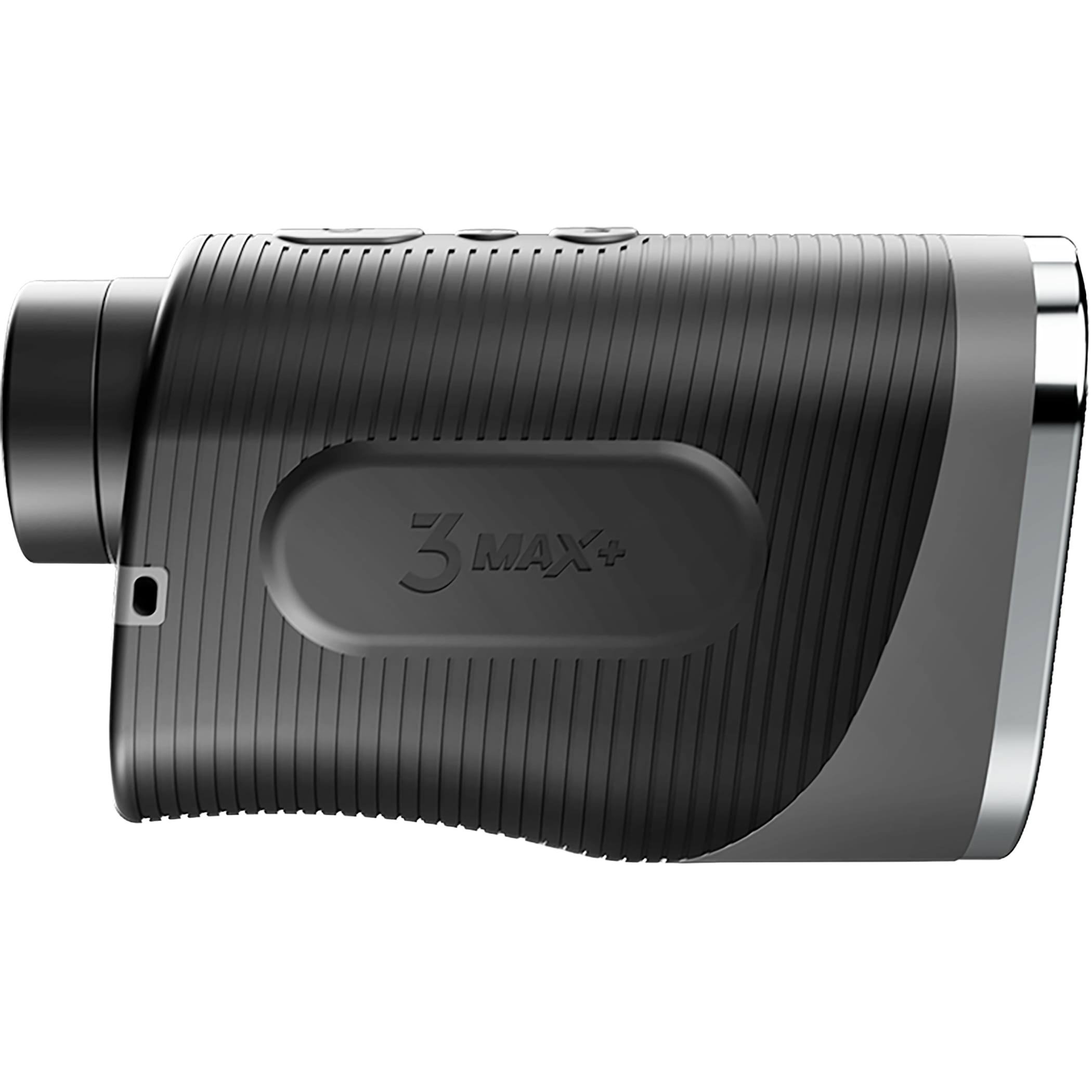 Black Blue Tees Golf Series 3 Max+ Rangefinder in black with a compact matte plastic housing, front laser lens, and digital display window, designed as a handheld golf distance measuring device for accurate yardage readings on the course.