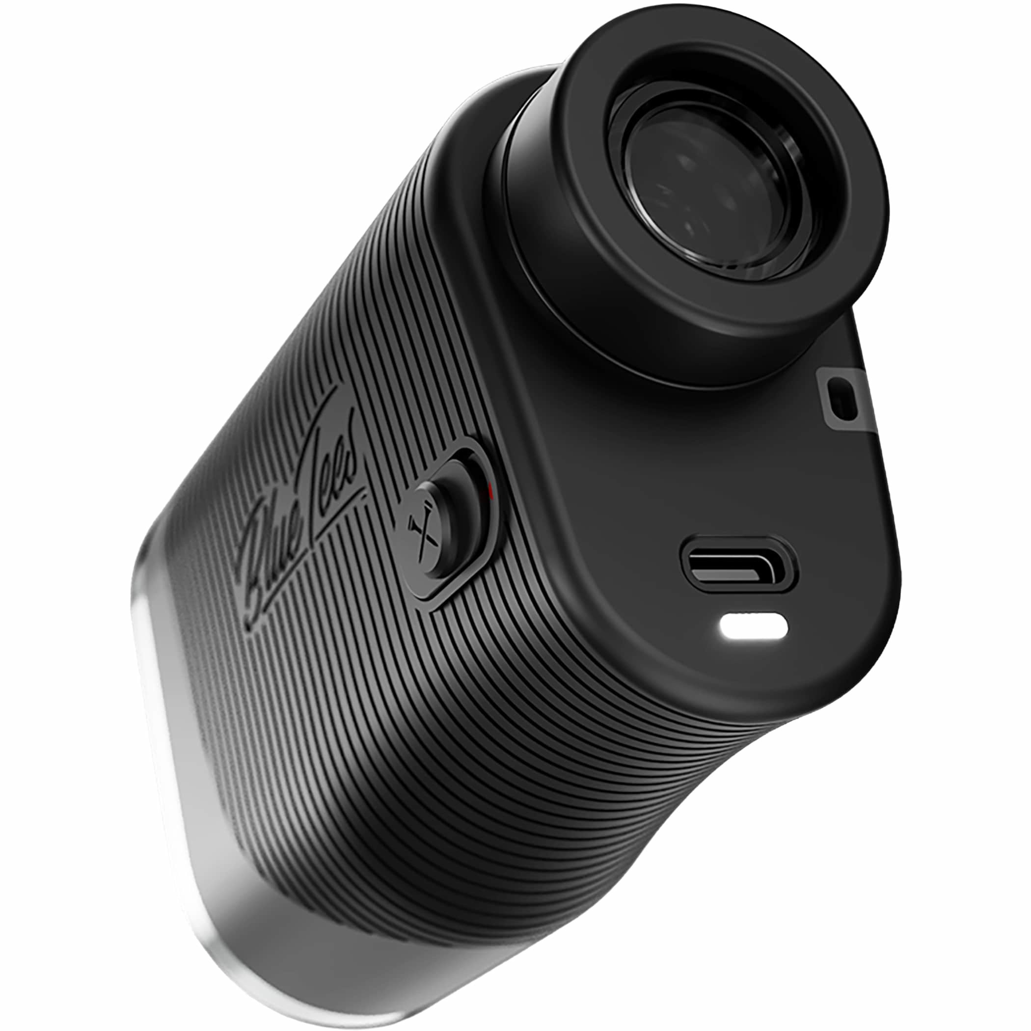 Black Blue Tees Golf Series 3 Max+ Rangefinder in black with a compact matte plastic housing, front laser lens, and digital display window, designed as a handheld golf distance measuring device for accurate yardage readings on the course.