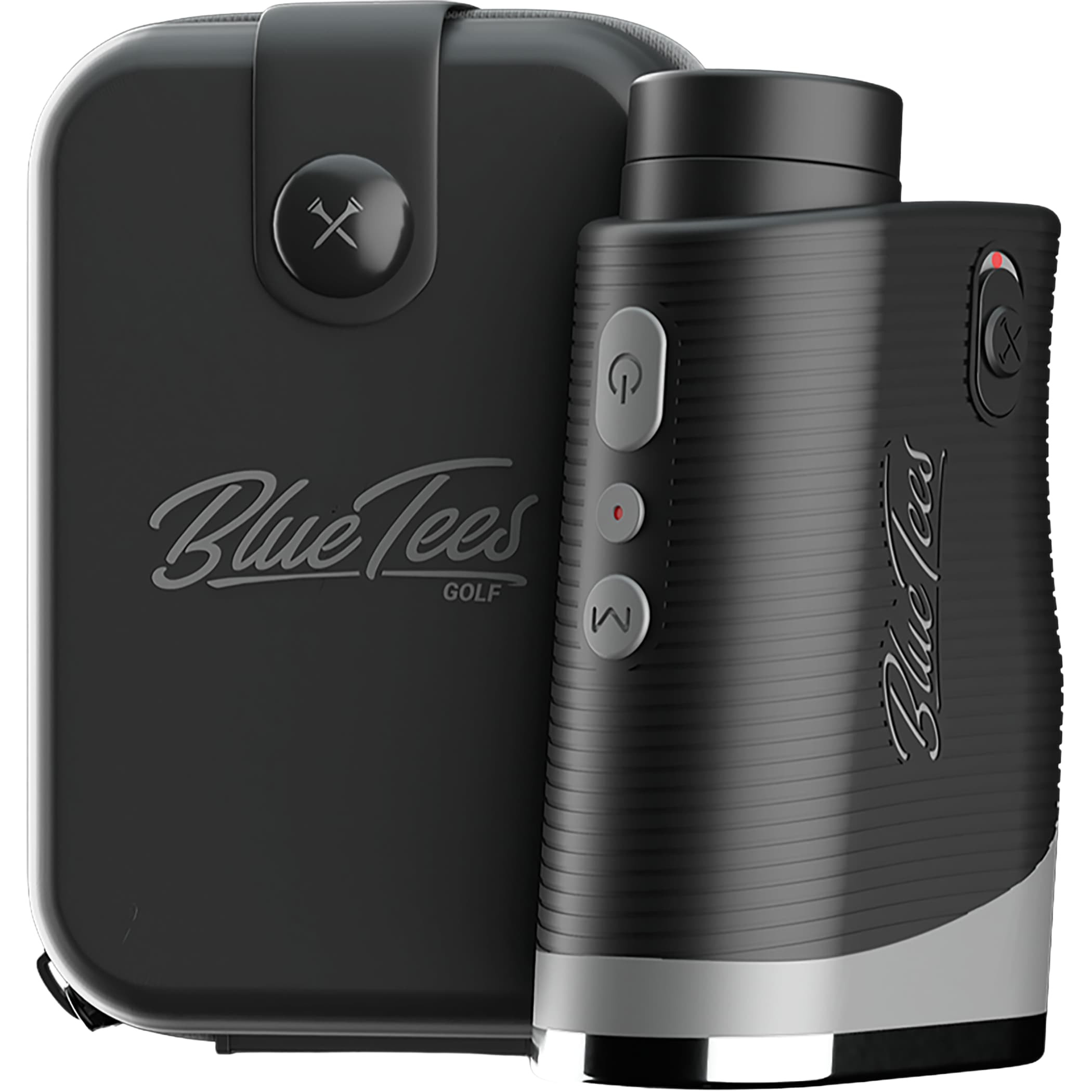 Black Blue Tees Golf Series 3 Max+ Rangefinder in black with a compact matte plastic housing, front laser lens, and digital display window, designed as a handheld golf distance measuring device for accurate yardage readings on the course.