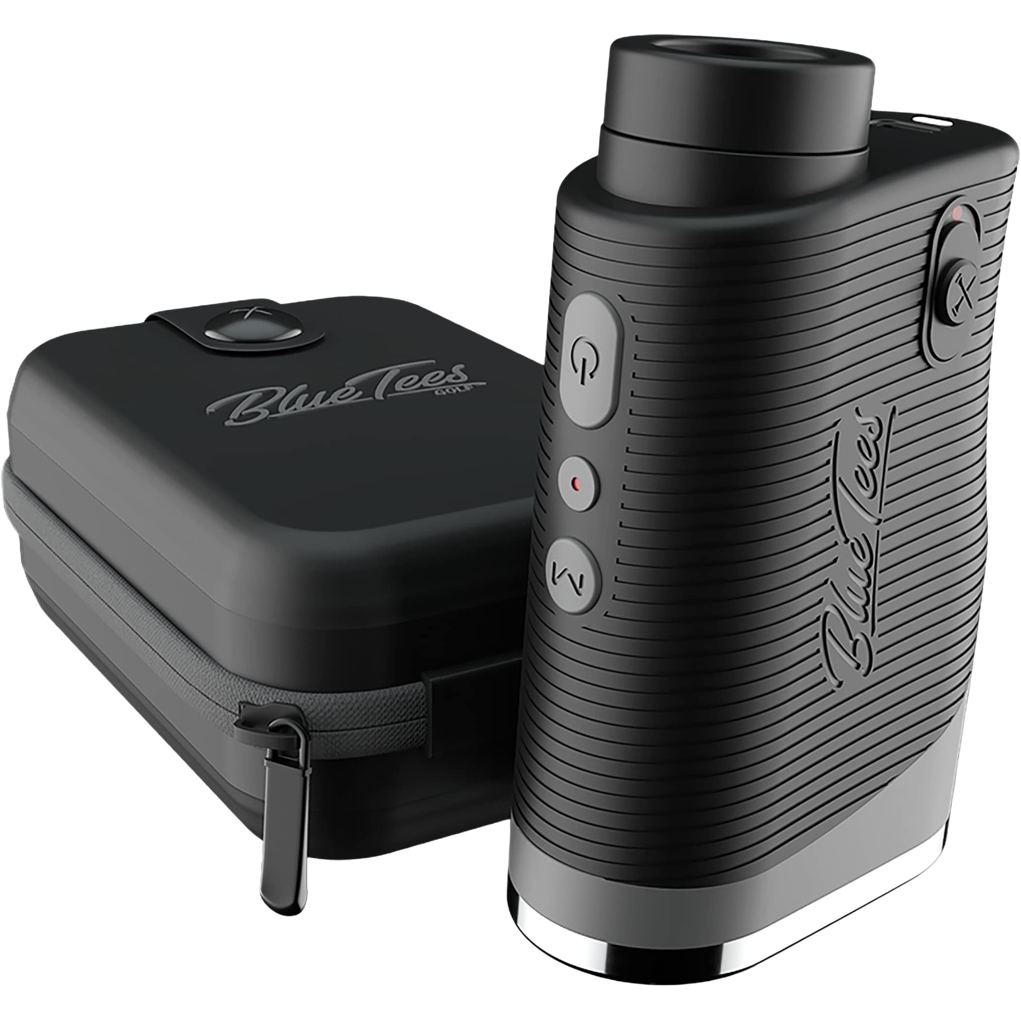 Black Blue Tees Golf Series 3 Max+ Rangefinder in black with a compact matte plastic housing, front laser lens, and digital display window, designed as a handheld golf distance measuring device for accurate yardage readings on the course.