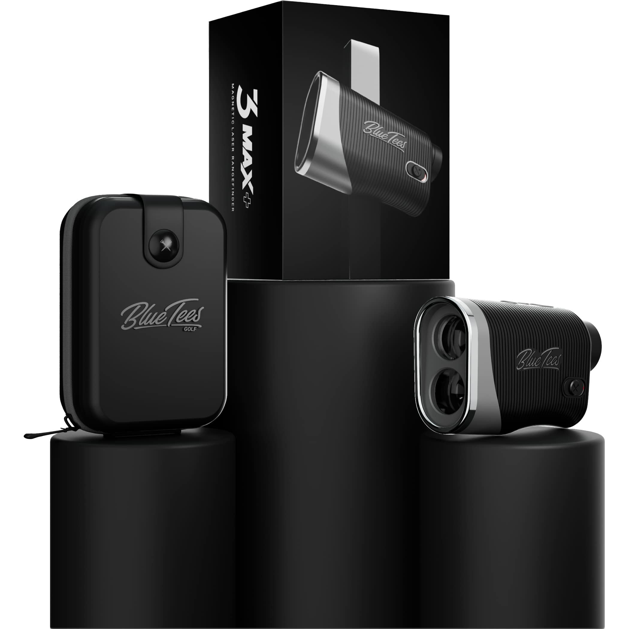 Black Blue Tees Golf Series 3 Max+ Rangefinder in black with a compact matte plastic housing, front laser lens, and digital display window, designed as a handheld golf distance measuring device for accurate yardage readings on the course.