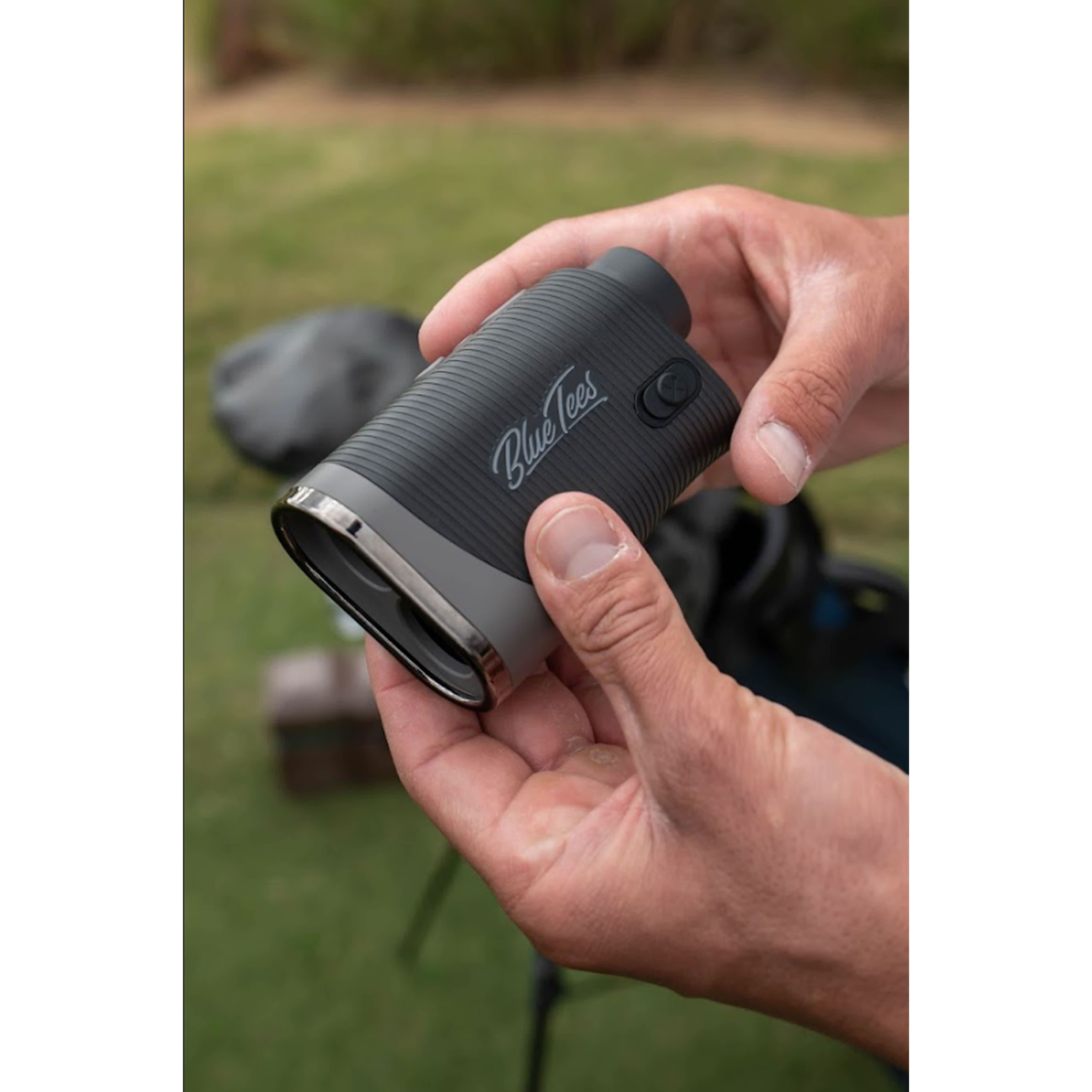 Black Blue Tees Golf Series 3 Max+ Rangefinder with durable matte finish held by golfer while checking yardage on course