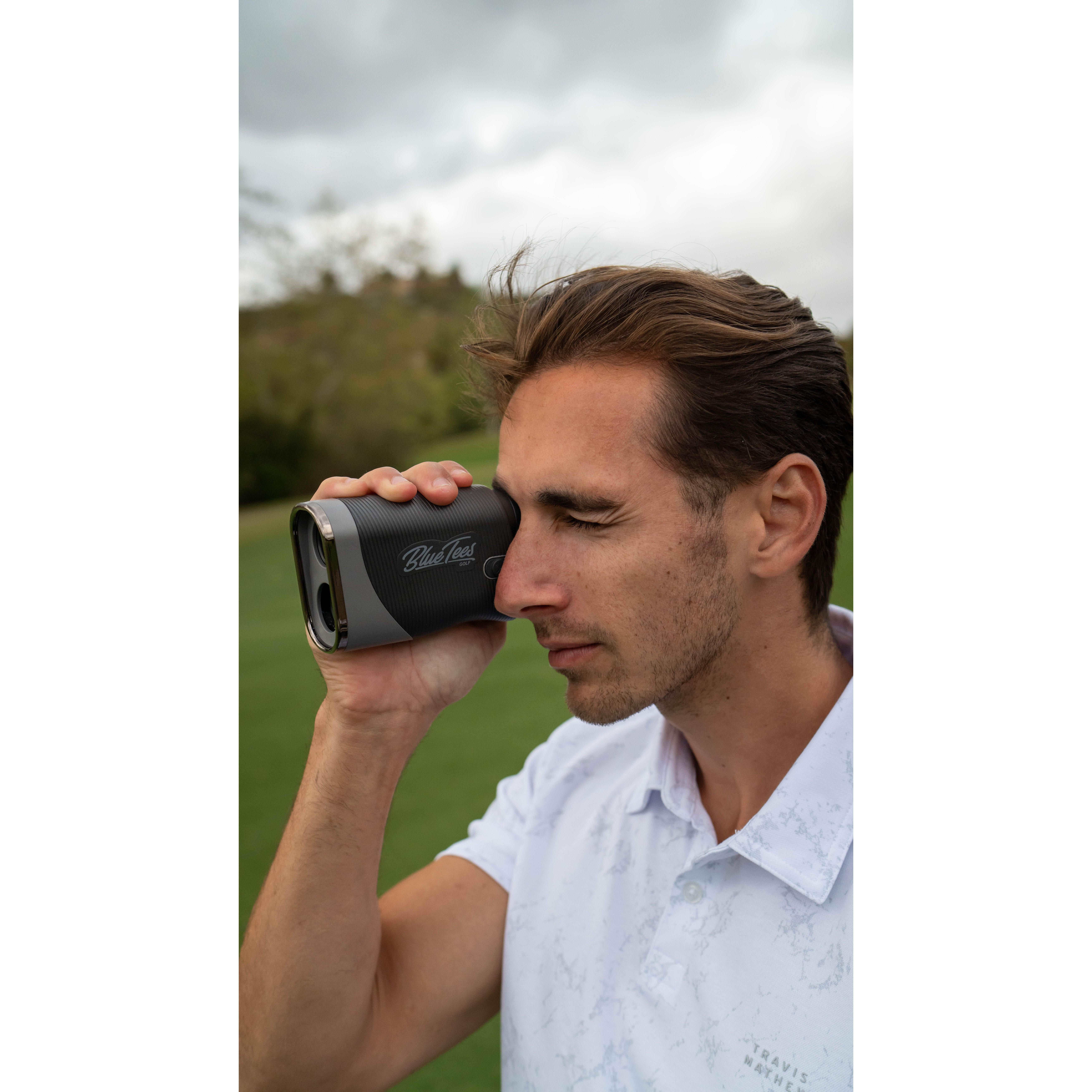 Black Blue Tees Golf Series 3 Max+ Rangefinder lifestyle golf course scene with golfer using laser distance measurement too
