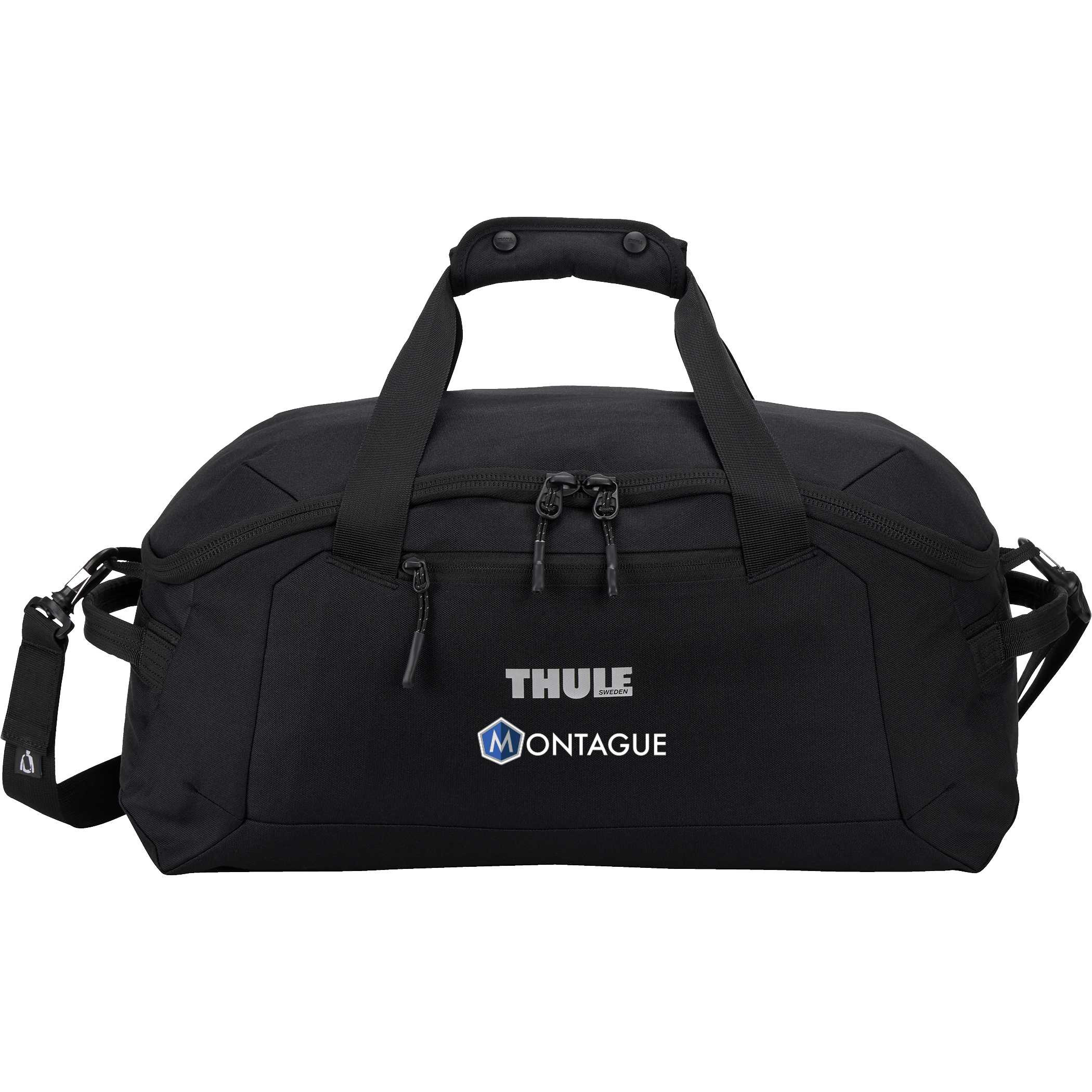 Thule Lumion Duffle in black recycled polyester material placed in a modern travel setting, shown as a spacious duffel bag with structured shape and front zippered pocket designed for organized packing and travel use.