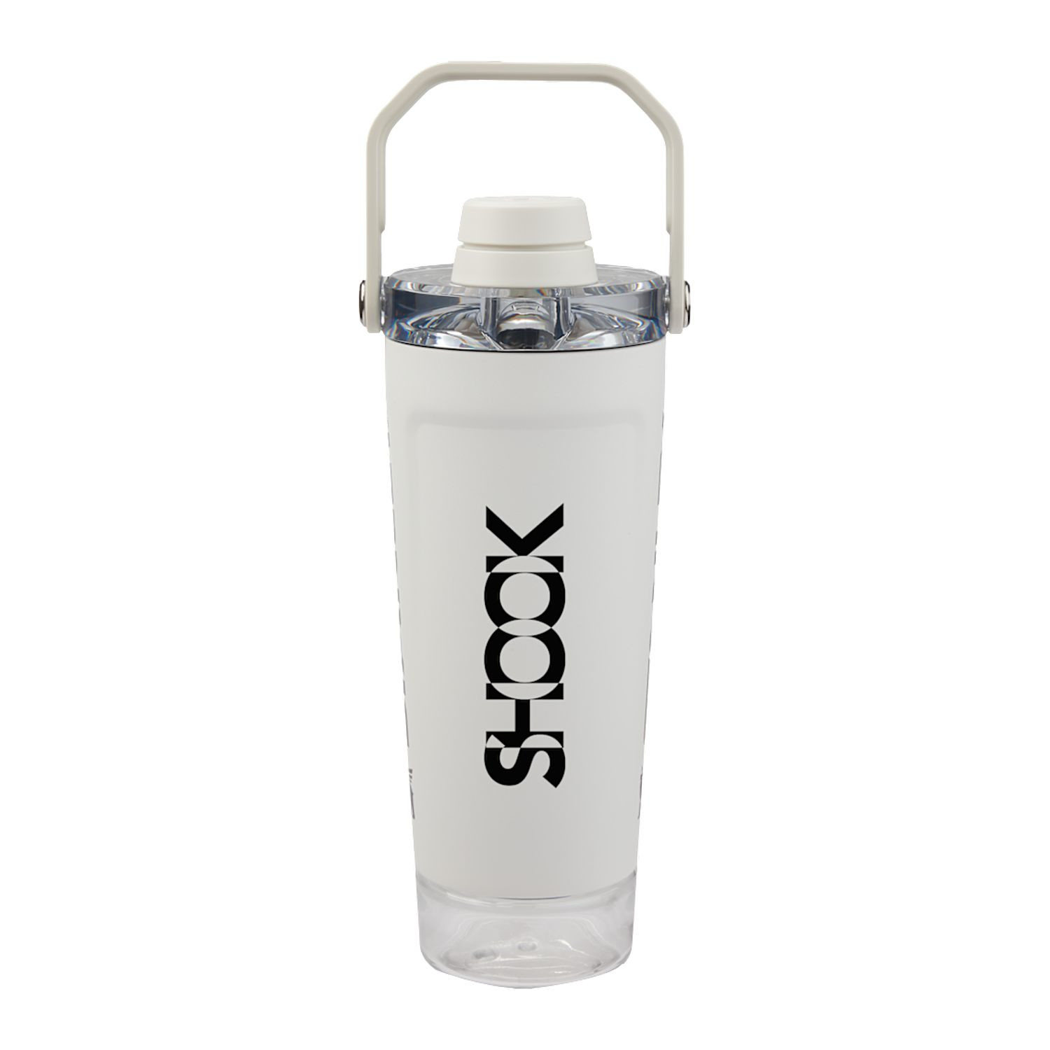 Chalk insulated shaker bottle with leakproof Tritan™ lid, carry handle, and built-in storage container for protein powder or supplements.