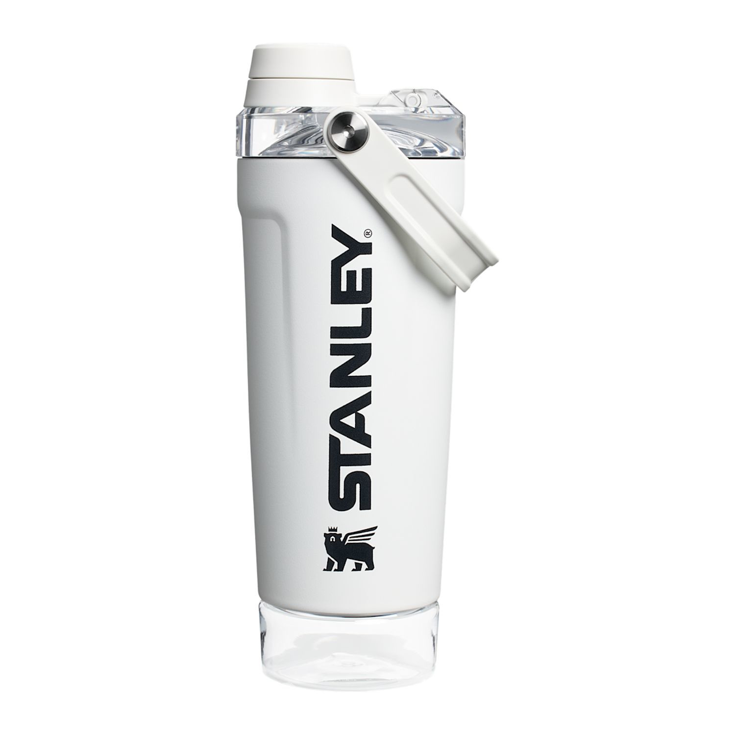 Chalk insulated shaker bottle with leakproof Tritan™ lid, carry handle, and built-in storage container for protein powder or supplements.