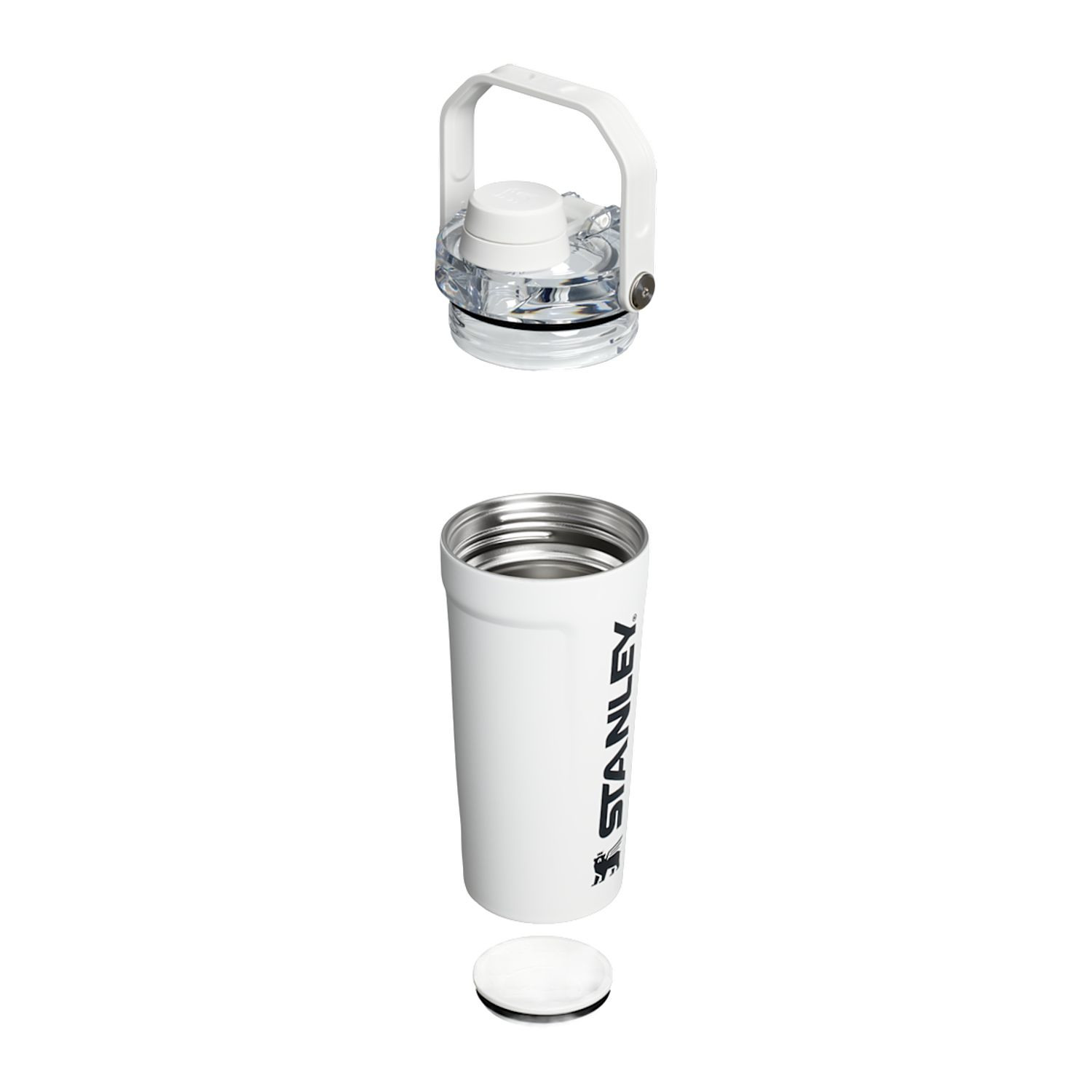 Chalk insulated shaker bottle with leakproof Tritan™ lid, carry handle, and built-in storage container for protein powder or supplements.