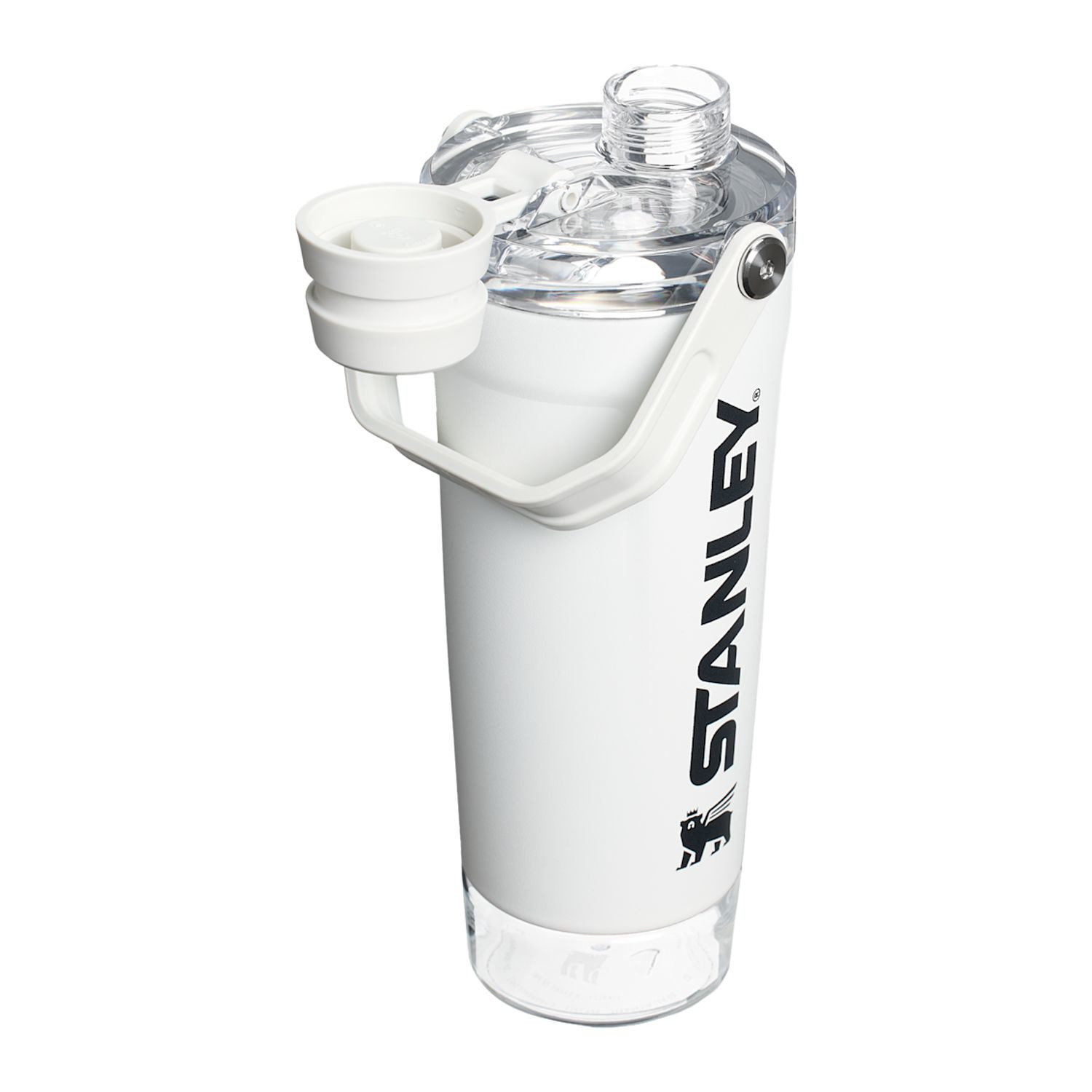 Chalk insulated shaker bottle with leakproof Tritan™ lid, carry handle, and built-in storage container for protein powder or supplements.